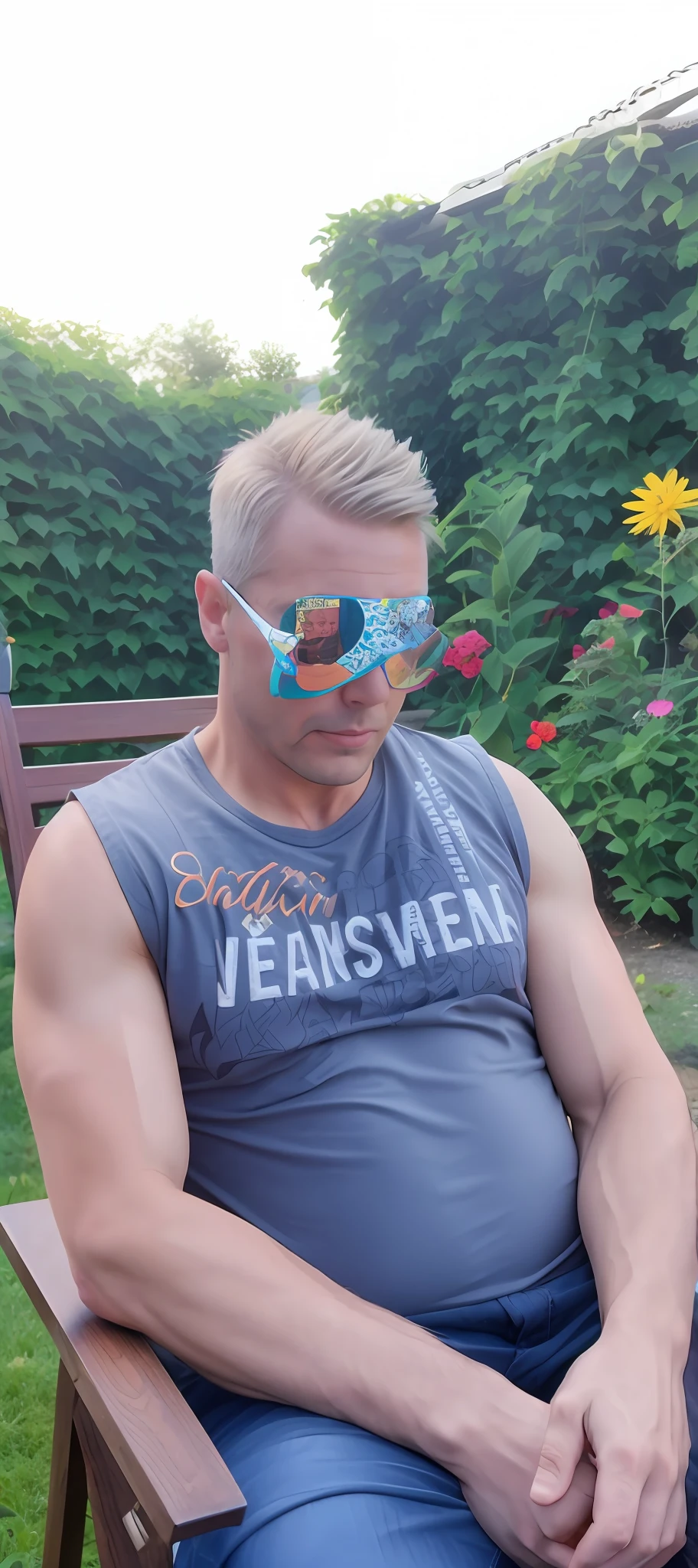 On a bench sits a muscular man with a face made up, Wearing a patch over one eye, mit Sonnenbrille, mit Spiegelschirmen Sonnenbrille, inspiriert von Willem Labeij, Tragen einer Glack-Brille, inspired by Ernő Rubik, Lustige Sonnenbrille, in Sonnenbrillen, Tragen von Sonnenbrillen, Tragen einer Versace-Sonnenbrille, Tragen einer 3D-Brille, Wotjek Fus