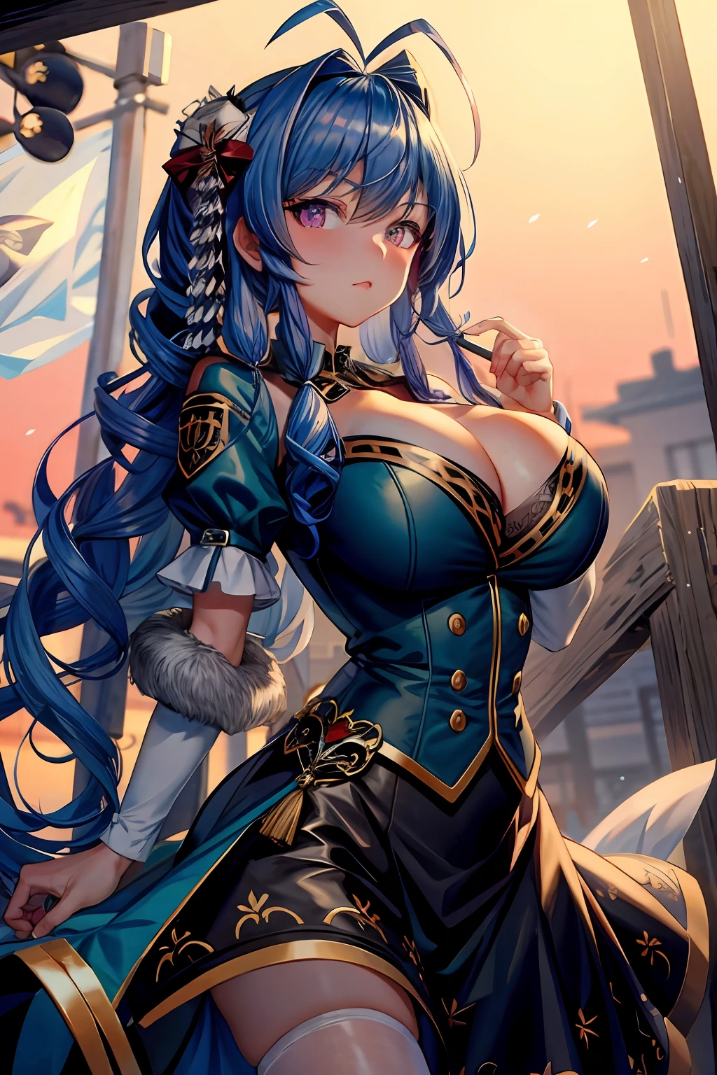 tmasterpiece， Best quality at best， 1girll， long whitr hair， looking at viewert， ：3， adolable， Black school uniform， exteriors， the street， cowboy lens，big cleavage breasts， curves， （（（eBlue eyes）））， rias gremory，Blue hair， Antenna hair， wavey hair， （（beatiful detailed eyes，Beautiful detail glow）），huge tit，blush，