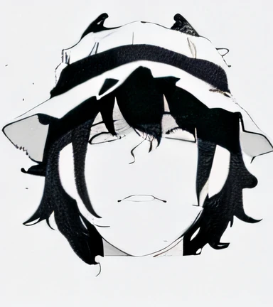 A black and white image of a boy with a hat and a ribbon, character with a hat, symmetrical portrait rpg avatar, Character icon, Akali, imagem do avatar, avatar para o site, Personagem Touhou, Vetor Anime sombreado, Megumin, archwizzard in a hat, inspired by Kawabata Ryūshi, Half the head of the body shot him, with a grim expression, desenhe o resto do corpo tambem , ele usa um jaleco branco com uma camiseta preta por baixo , and a pair of white pants with black boots.