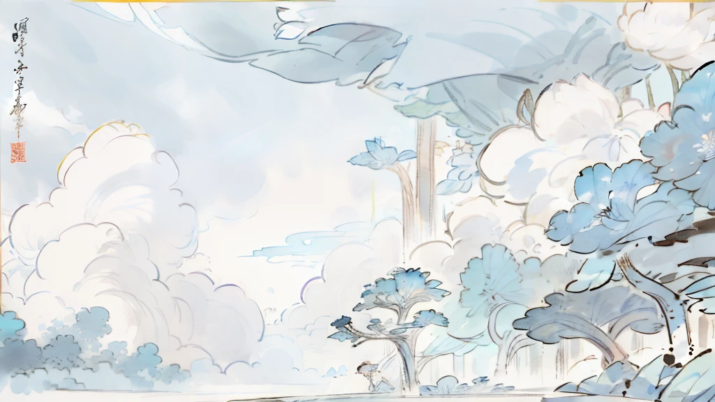 Antique game scene design,big trees,florals,Lotus architecture,Floating table,A blue sky,White cloud,Chinese ink painting OC rendering sculpture