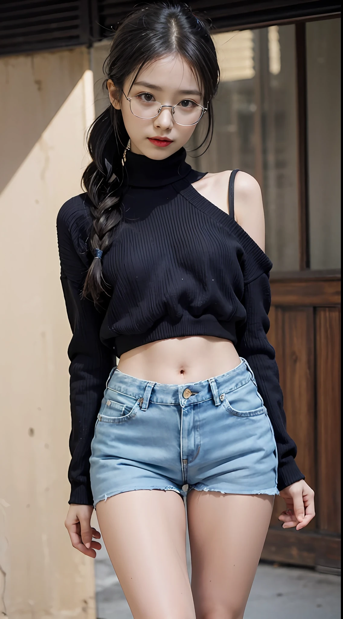 Wear a black sweater，Facing away，The sweater covers the lower abdomen，Expose the shoulder straps，Expose off your underwear，Thin underwear，Wear light-colored leggings，Girls with double ponytails，There is sun shine，The figure is good，Youth and liveliness，（full bodyesbian），Look at the ankle，Wear glasses，low-rise jeans，（high-heels），didn't wear socks，（full bodyesbian：2.2）Normal-scale picture，8K, ultraclear，Big picture，，low-rise jeans，Low-rise leggings，with thin legs，Thin leg，Small buttocks，hairstyle on（Brownish、Long to、bow ribbon）、Facial light、 A smile、Small dimples、 Slim waist、delicate leg、long leges、 Slender body,、 shiny skins、Authentic skin texture、 Natural soft light、The best lighting、细致背景、detailed shadow、foco nítido、Depth of field f / 2、 Saturated、hight contrast、Strong light and shadow ，Skinny flared jeans