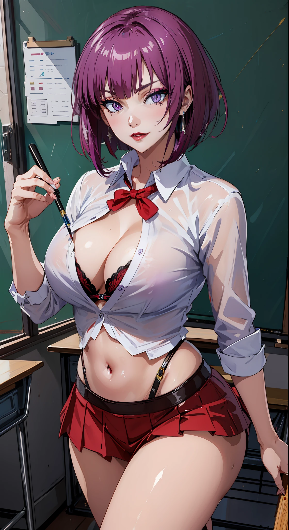 purple eyes, (best quality, masterpiece painting:1.3), Oboro, mature female, 26yo, (half body shot:1.3), girl, school uniform, (seductive look:1.5), purple hair, short hair, stacked bob hair, (large breasts:1.2), (narrow waist:1.1), cleavage, perfect body, (athletic body:1.1), soft skin, anime face, perfect face, (perfect eyes:1.3), glowing eyes, purple irises, anime eyes, smoky eyeliner, eyeshadow, asian, looking at viewer, smart, whiteboard background, classroom, sharp focus, intricate details, professional artwork, (vibrant colors:1.1), vivid colors, Diffused lighting, digital blending, ultra detailed body, ultra detail hair, ultra detail face, trending on pixiv, top button opened, shy girl, cute glance, makeup, purple lipstick, perfect lips, perfect makeup, ultra detailed painting,