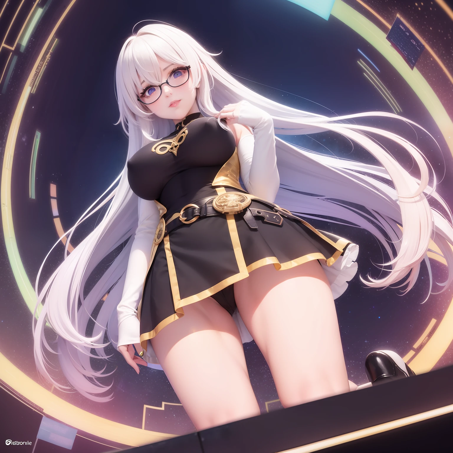 view from directly below, step on, sole, high image, super detail, high resolution, anime, manga, illustration, fantasy, super intelligent beauty, amorous expression, mysterious, embarrassed look, seductive look, laugh like a prankster, happy, shy, messy white hair, sparkling blue eyes, pink lips, black glasses, huge breasts, under boob, great proportion, perfect proportion, slender, full body, flared mini skirt, roll up the skirt, background Northern Renaissance style, fantasy, galaxy, magic circle, kaleidoscope, rainbow and gold neon light many lines, cyber punk
