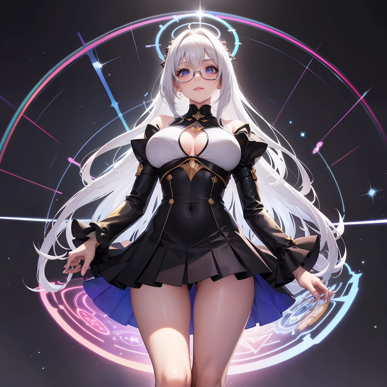 view from directly below, step on, sole, high image, super detail, high resolution, anime, manga, illustration, fantasy, super intelligent beauty, amorous expression, mysterious, embarrassed look, seductive look, laugh like a prankster, happy, shy, messy white hair, sparkling blue eyes, pink lips, black glasses, huge breasts, under boob, great proportion, perfect proportion, slender, full body, flared mini skirt, roll up the skirt, background Northern Renaissance style, fantasy, galaxy, magic circle, kaleidoscope, rainbow and gold neon light many lines, cyber punk