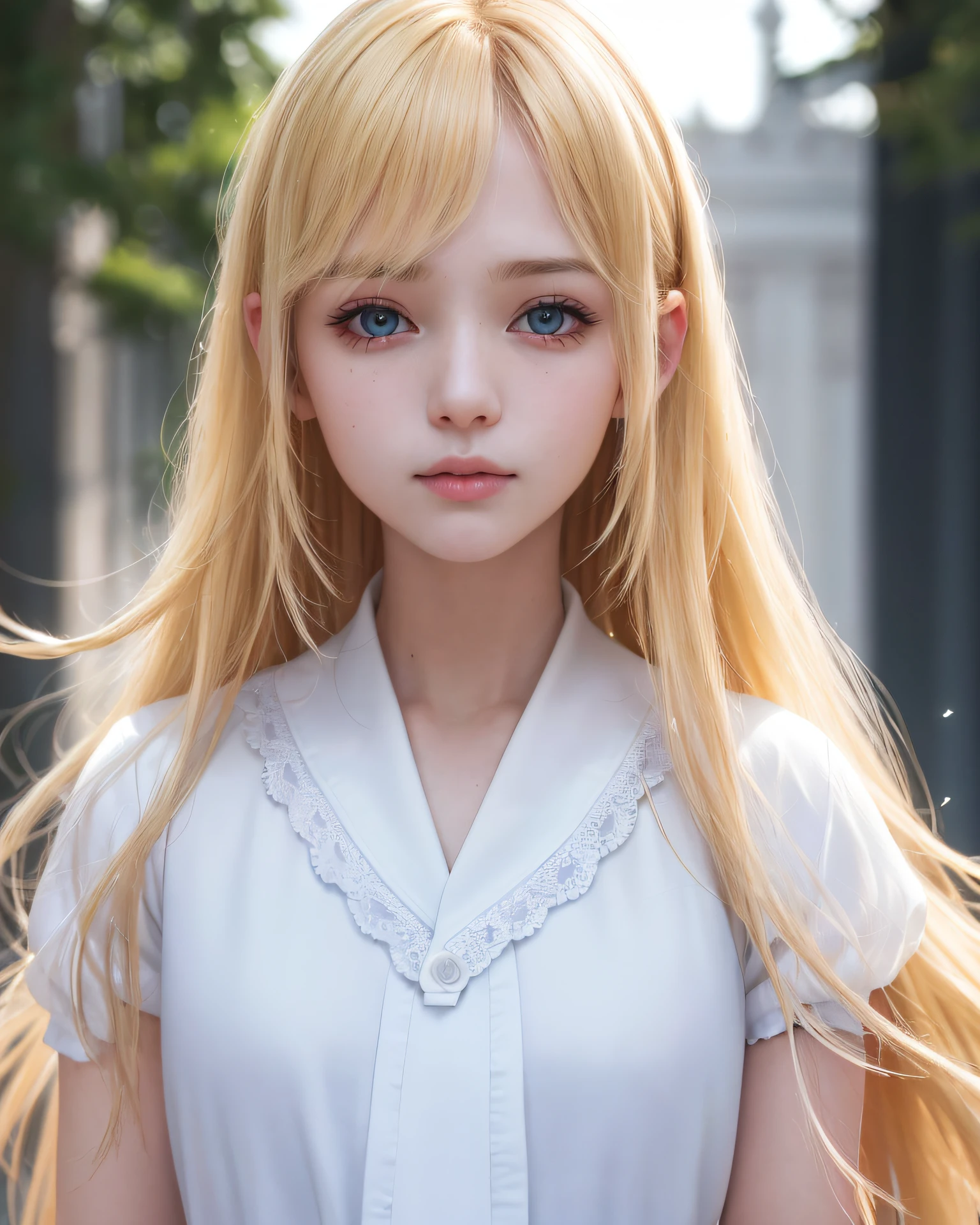 RAW photos, ((Portrait of extreme beauty))), (Glowing white skin)), 1 girl, 15 years old pretty beautiful girl in Prague, (Lustrous bright natural blonde hair)), [Blue eyes], silky fine hair, straight long hair, eyeliner, bangs, hair between eyes, fluttering hair, little smile, ((masterpiece, top quality, ultra detail, film light, complex details, high resolution , 8K, very detail)), detailed background, 8K UHD, DSLR, soft light, high quality, film grain, Fujifilm XT3, shallow depth of field, natural light, (perfect hands), perfect beautiful face, sailor school uniform