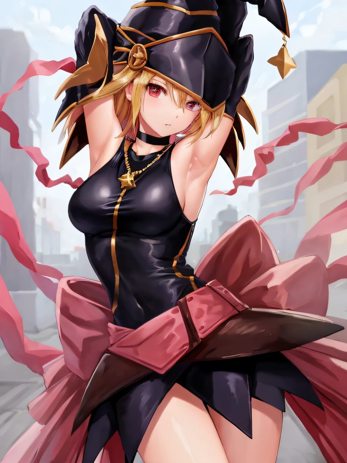Quack girl， 1girl， 独奏， long whitr hair， nedium breasts， looking at viewert， Be red in the face， By bangs，big cleavage breasts， mitts， Hats， hair between eye， exposed bare shoulders， jewely， Keep one's mouth shut， full bodyesbian， Separate the sleeves， 无袖， black glove， gloves on the elbow， Armpits， choker necklace， Arms up， urban backdrop， Eyes can see through hair， Tight clothes， duel monster， Tighten your shirt， Wizard's Hat，cleavage，upper legs，（（tmasterpiece，Best quality at best，A detailed））