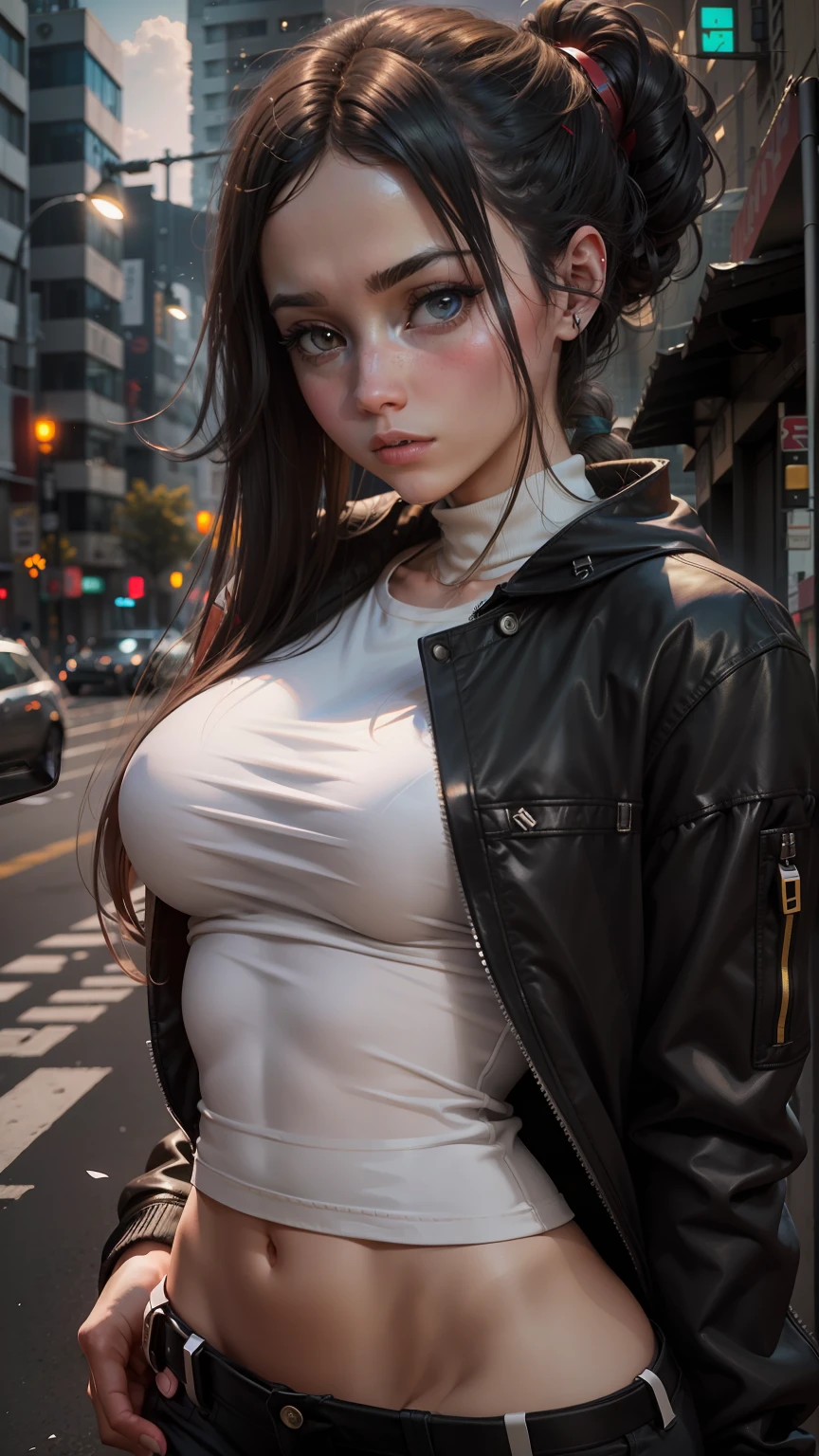 A girl walking on a cyberpunk street looking into the camera, volumetric lighting BREAK (obra-prima: 1.2), (melhor qualidade), 4k, ultradetalhado , (dynamic compositing: 1.4), detalhes coloridos altamente detalhados (cores iridescentes: 1.2), (bright illumination, Atmospheric Illumination) (melhor qualidade), (realista,fotorrealista:1,37), (obra prima), female, solo, linda garota, middlebreasts, top vermelho, black legging pants, Cabelo branco, pele escura, Olhos vermelhos, hands in a pocket, jaqueta de couro, Muscle