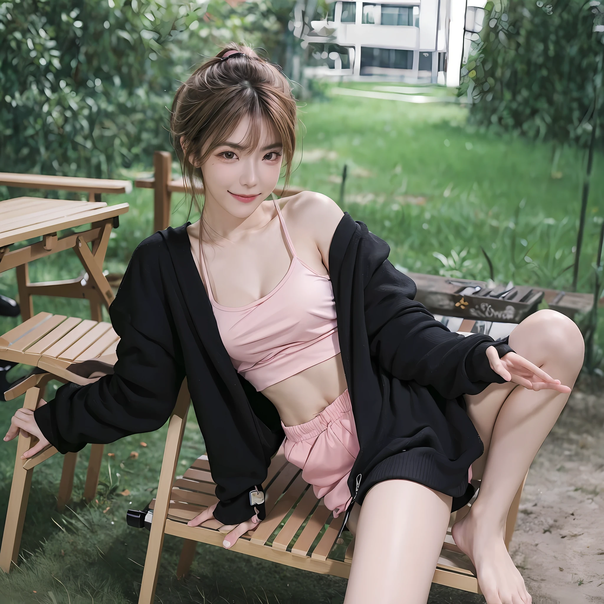 (64k, RAW photo, best quality, masterpiecel1.4), (realistic, photo-realistic:1.37), (side angle:0.5)photo of a Japanese girl in a loose & oversize black jacket, white sheer cami top, Natural(small breasts:1.25), (micro:1.25)panties, looking away, Seductive Smile, (kpop idol), messy hair, medium hair, (pink blush), (lighting), wood bench, sitting, open legs, spread legs, (solo), dynamic pose, ((erectnipples)), (female pubic-hair), (puffy eyes:1.3), (slim legs), HDR, highly detailed, outdoors, natural park, fine art photography, sfw