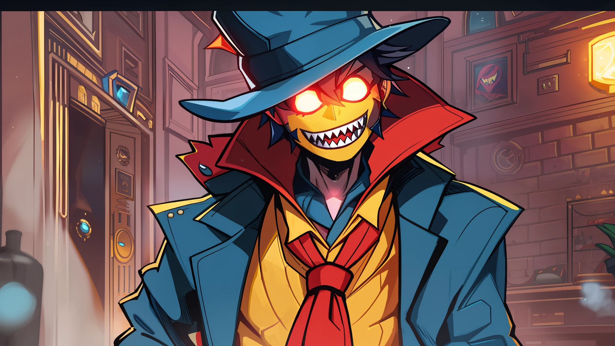 A guy who has no face, no eyes or nose, but has a mouth full of sharp teeth, he wears a blue overcoat, yellow fedora and a red scarf around his neck. Helluva boss Style, Hazbin hotel Style, his skin is flourescent blue and glows.