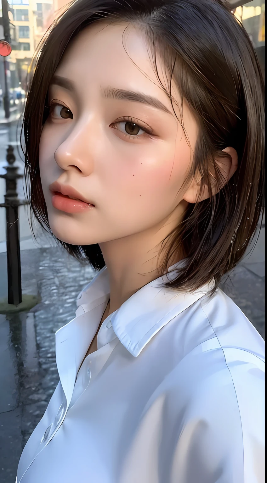 ((Best Quality, 8K, Masterpiece: 1.3)), Sharp: 1.2, Perfect Body Beauty: 1.4, Slim Abs: 1.2, ((Layered Hairstyle, Big Breasts: 1.2)), (Wet White Button Long Shirt: 1.1), (Rain, Street: 1.2), Wet: 1.5, Highly detailed face and skin texture, detailed eyes, double eyelids, side face looking at the camera