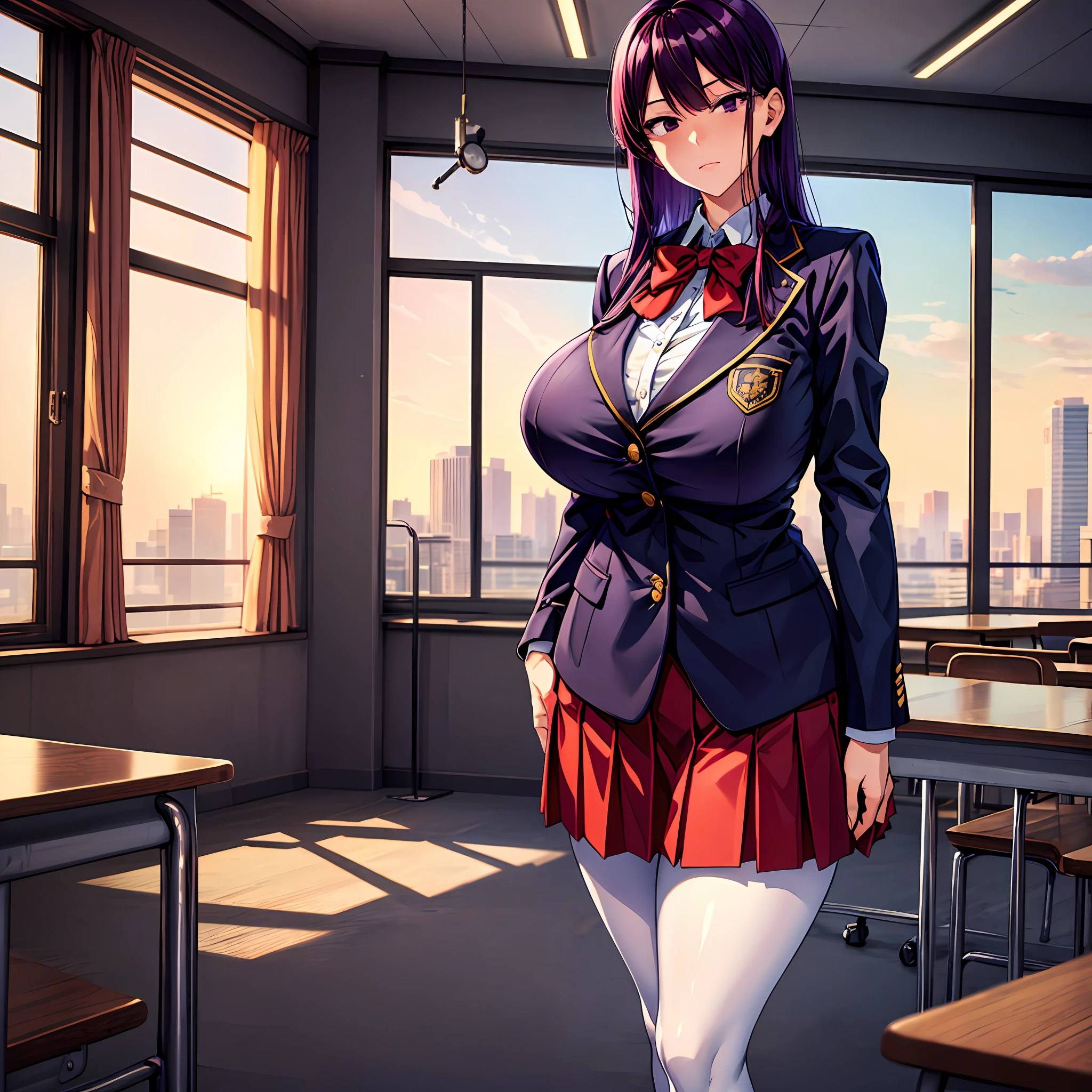 masterpiece),(best_quality), ultra high res, 4K,ultra-detailed, 8K, highres, (vibrant_color:) (beautiful_face) (masterpiece, top quality, best quality, beautiful and aesthetic), extremely detailed, komi Shouko, Komi-san, masterpiece, best quality, 1girl, looking at viewer, pantyhose, classroom, school uniform, red skirt, red bow, blazer, window, standing 1 girl, alone, gigantic breasts, emotionless, Staring, yandere, solo, wide hips, , purple hair, black eyes, white shirt, takeda hiromitsu style, styled hair, slight creepy smile