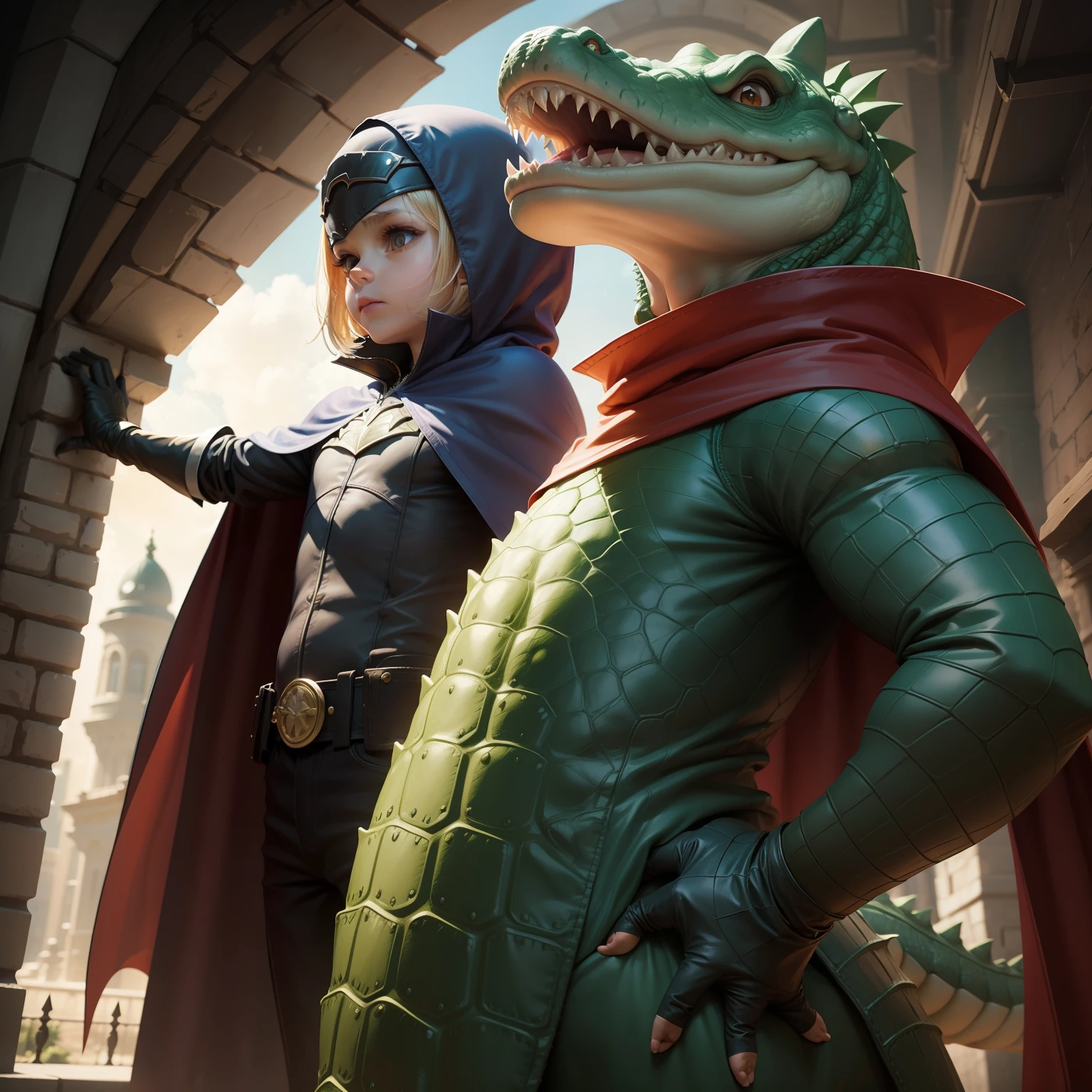 Create a character of a crocodile superhero with cape and gloves