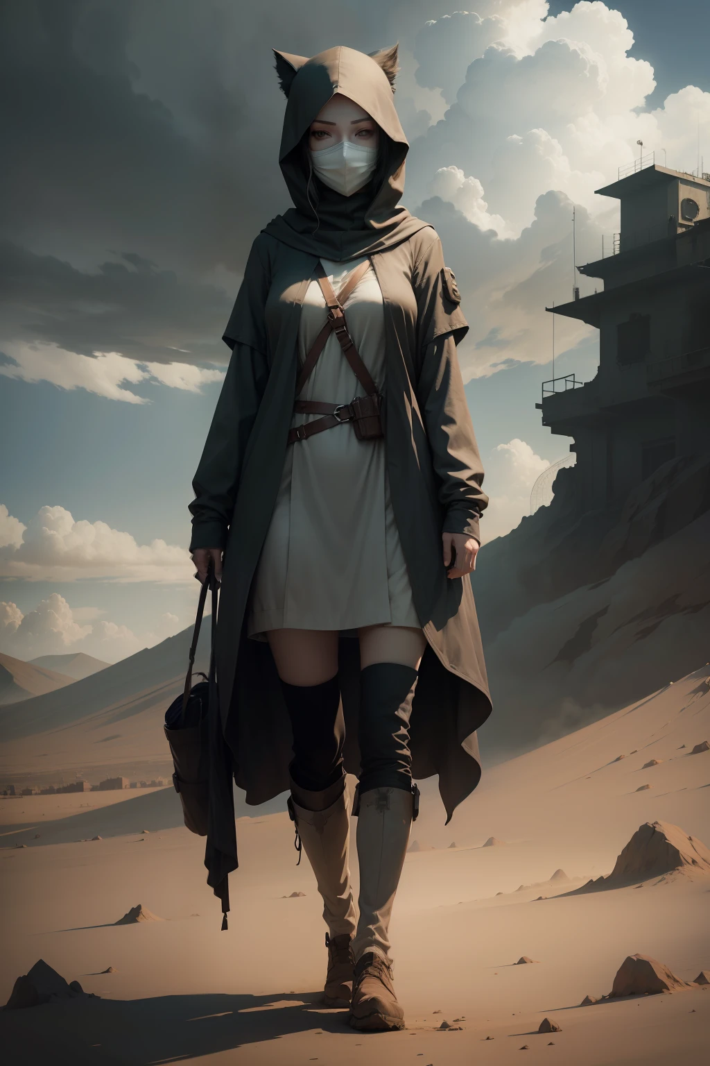 Full body of a adult female looking into camera with pale face without eyes wearing a hood over his head, dusty clouds in the background, fantasy, anime style Ghibli, horror