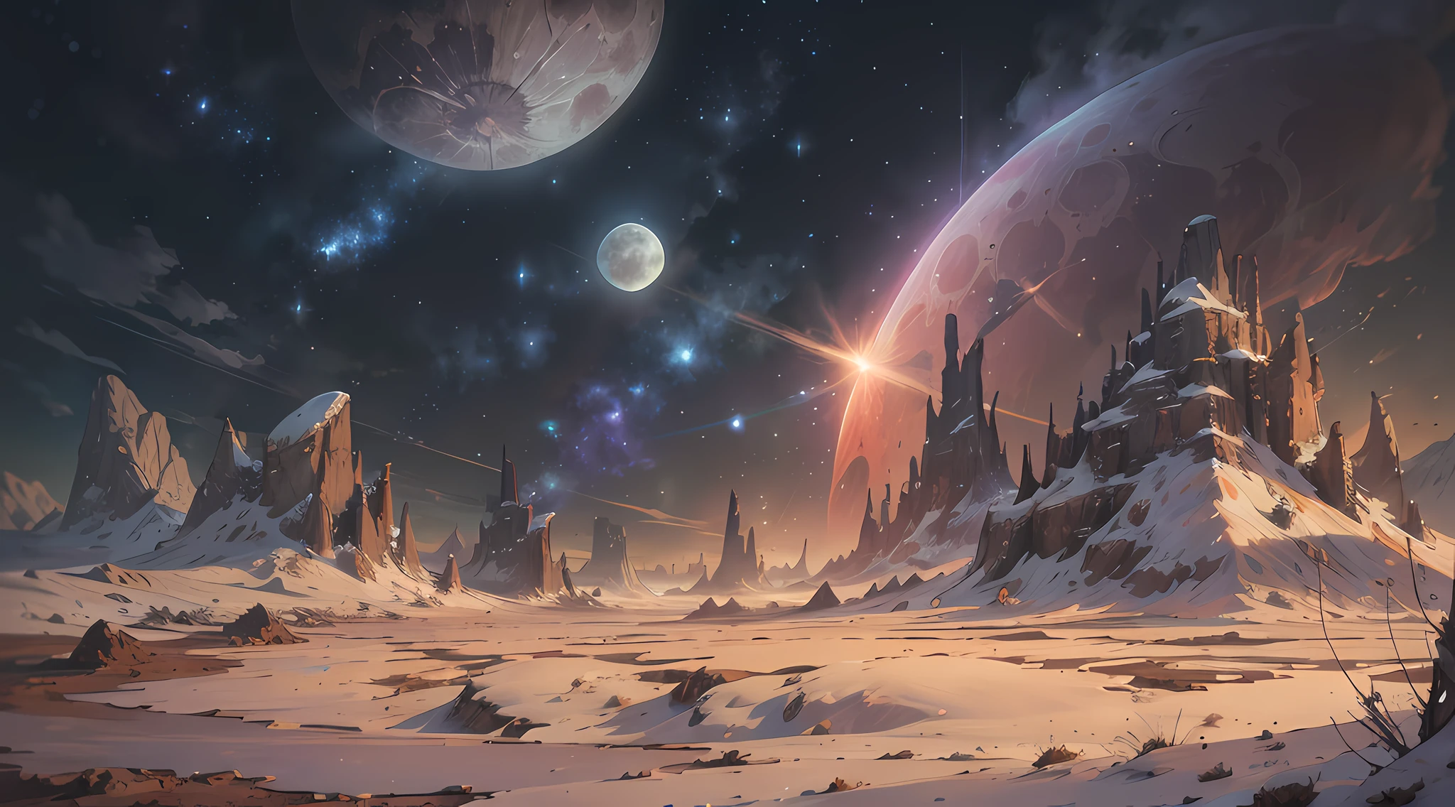 Expansive landscape photography, (See below.), Above is the sky, Below is an open field), (Full Moon: 1.2), (Meteor: 0.9), (Nebula: 1.3), distant mountain, BREAK tree making art, (Warm light source: 1.2), (Firefly: 1.2), lights, Very purple and orange, complicated detail, volume lighting, BREAK realism (Masterpiece: 1.2), (best quality), Ultra-detailed, RAWExtremely detailed, Colorful details,  (Rainbow colors: 1.2), (bright lighting, atmospheric lighting), Dreamlike, Magical, 4k