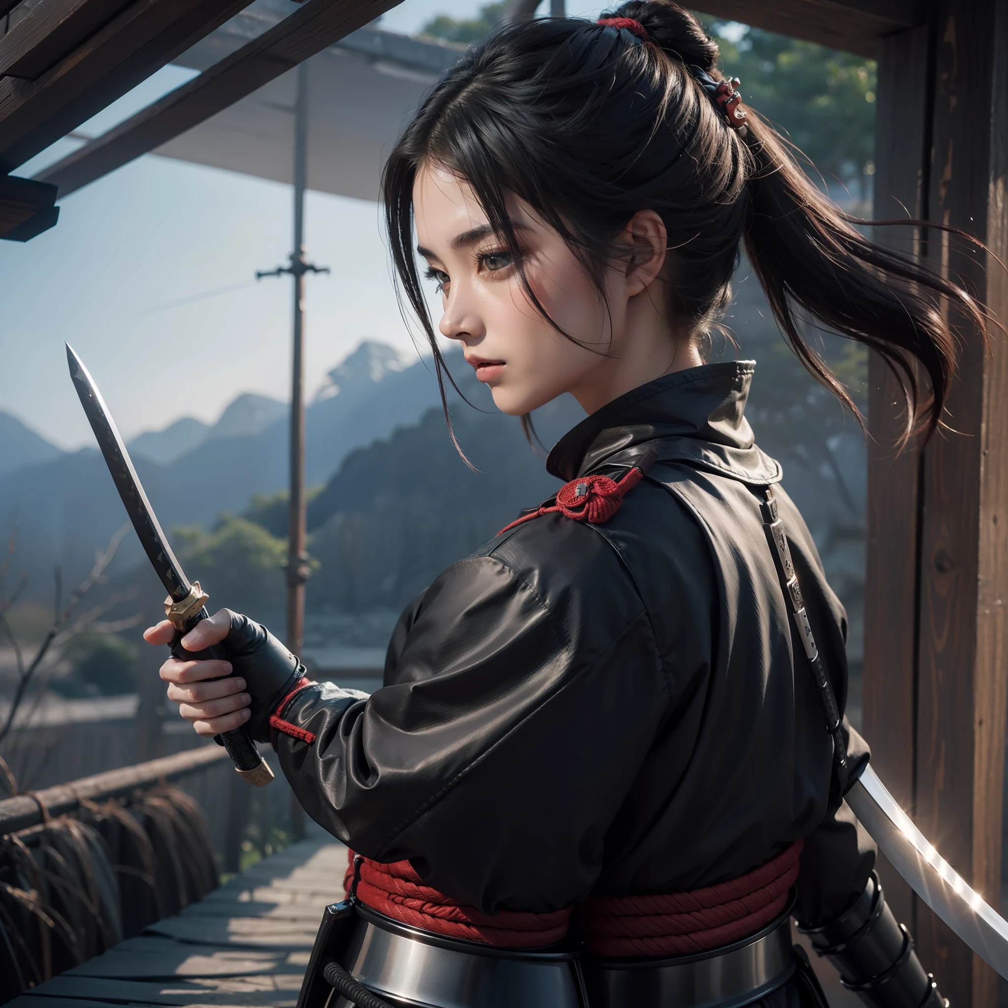 (Detailed description) (melhor qualidade) um samurai com duas katanas de armadura vermelha, background de uma ponte