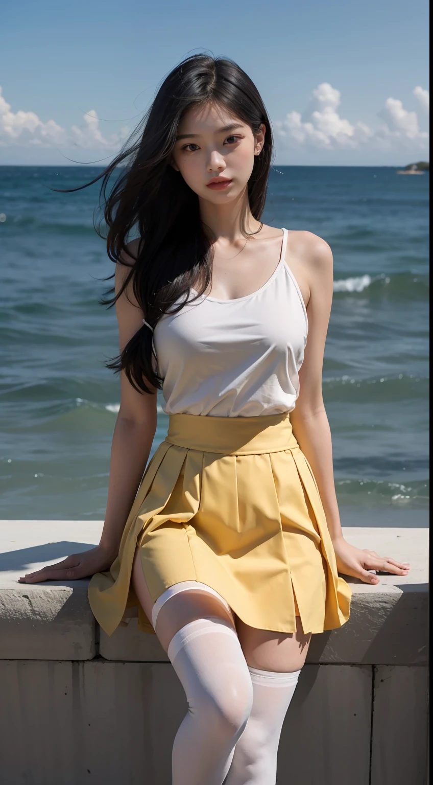 Highest image quality，Outstanding details，超高分辨率，（Fidelity：1.4），The best illustration，Favor the details，Highly cohesive 1girl，He has a delicate and beautiful face，Human real skin texture，Pale yellow top，a skirt，tight-fitting，long whitr hair，The background is by the sea，Legs exposed，black lence stockings，Light and shadow tracking，The body proportions are perfect，sandbeach