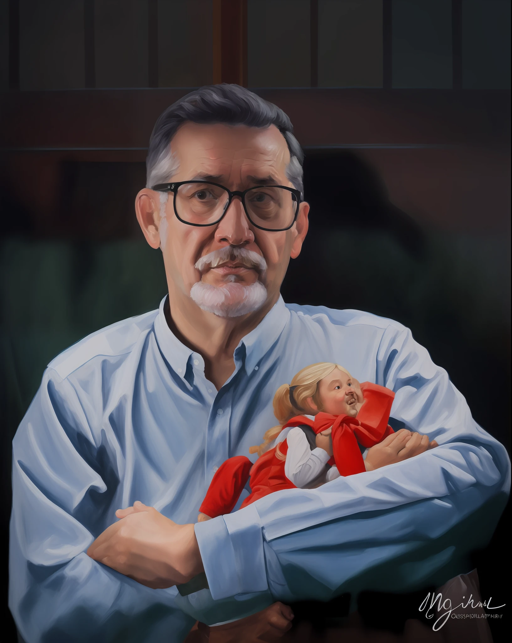 Oil painting of an old man with glasses and a doll in his arms, portrait shot, inspired by andrew Loomis , portait image, photo portrait, potrait, portrait picture