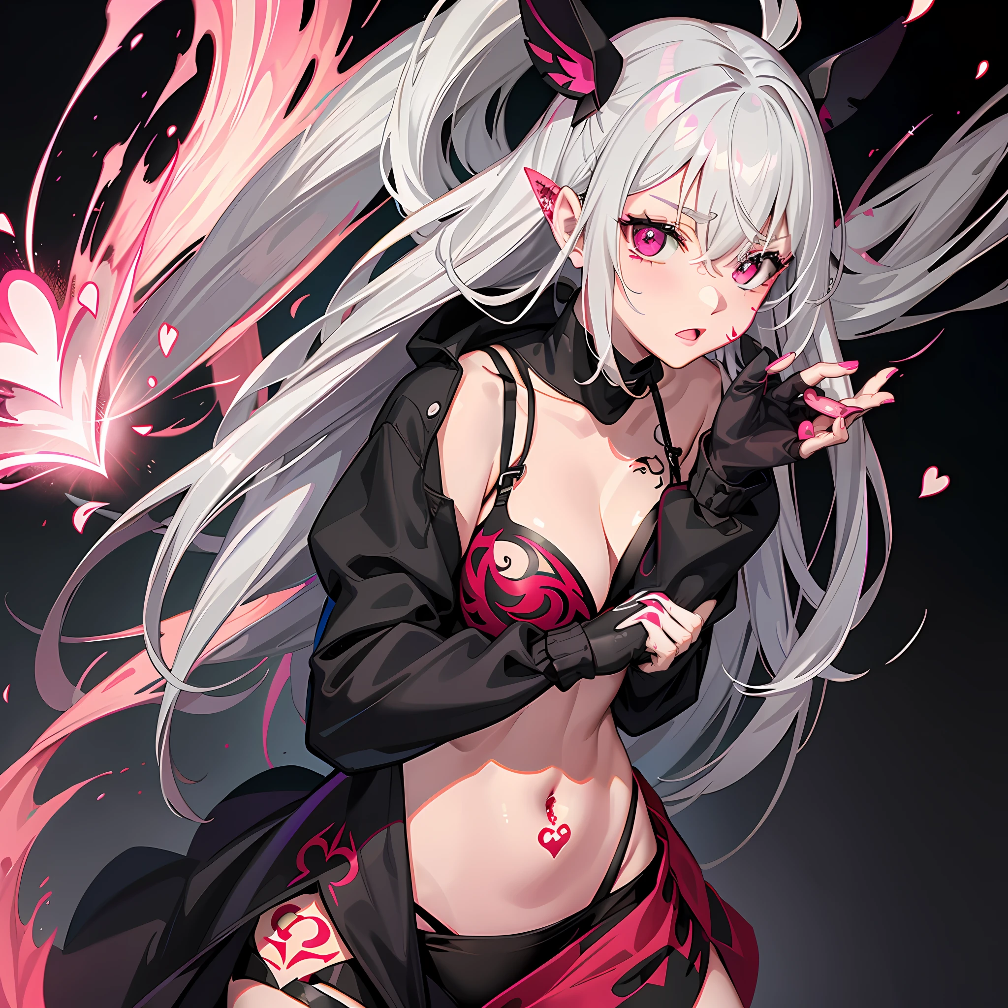 heart tattoo,Battle damage,Belly exposure,Gray hair in humans,Be red in the face,heart shape eye,Huge,Dressed in black silk,Pink eyes,
