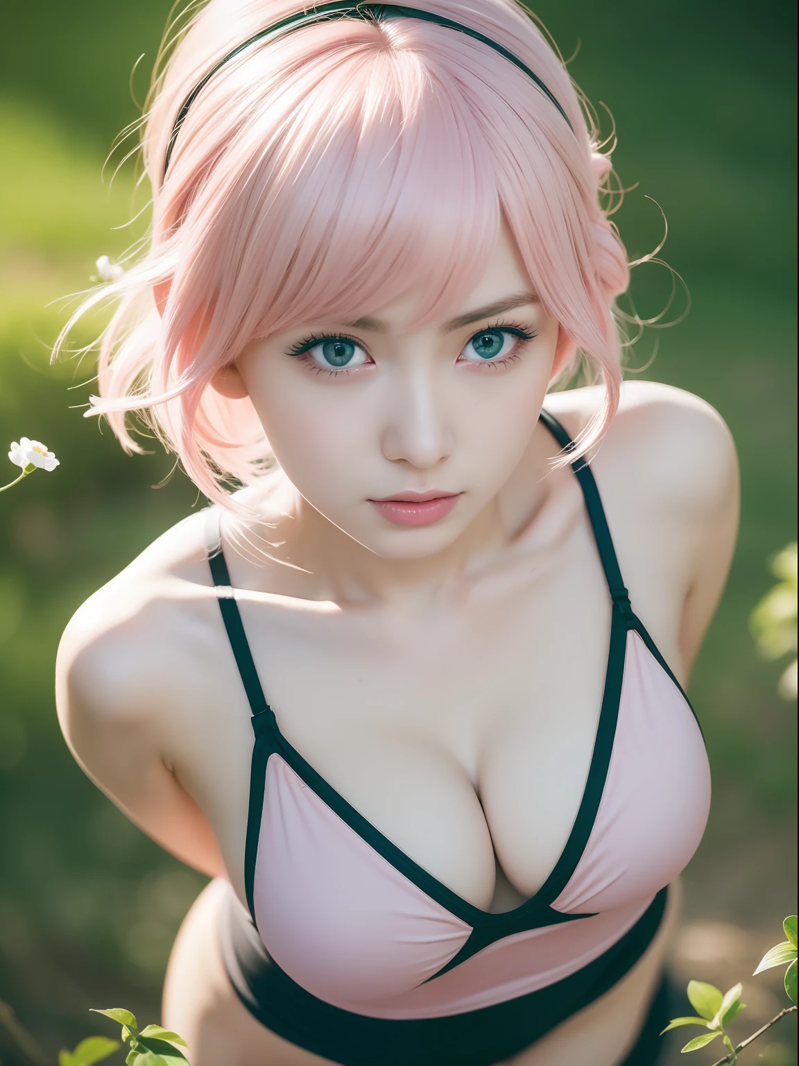 (masterpiece:1.4, best quality), (intricate details), unity 8k wallpaper, ultra detailed, beautiful and aesthetic, (photorealistic:1.4), perfect lighting, (1girl), (very light pink hair, ), green eyes, hair ornament, medium hair, blush, one-piece swimsuit, dynamic pose, dynamic angle, lipstick, slim, slim body, surrounded by flower, sakura, nature, full body, very wild shot, small breast, flat_chest, outdoor, detailed background, realistic, solo, perfect detailed face, naughty face, detailed eyes, highly detailed, thighhighs,
