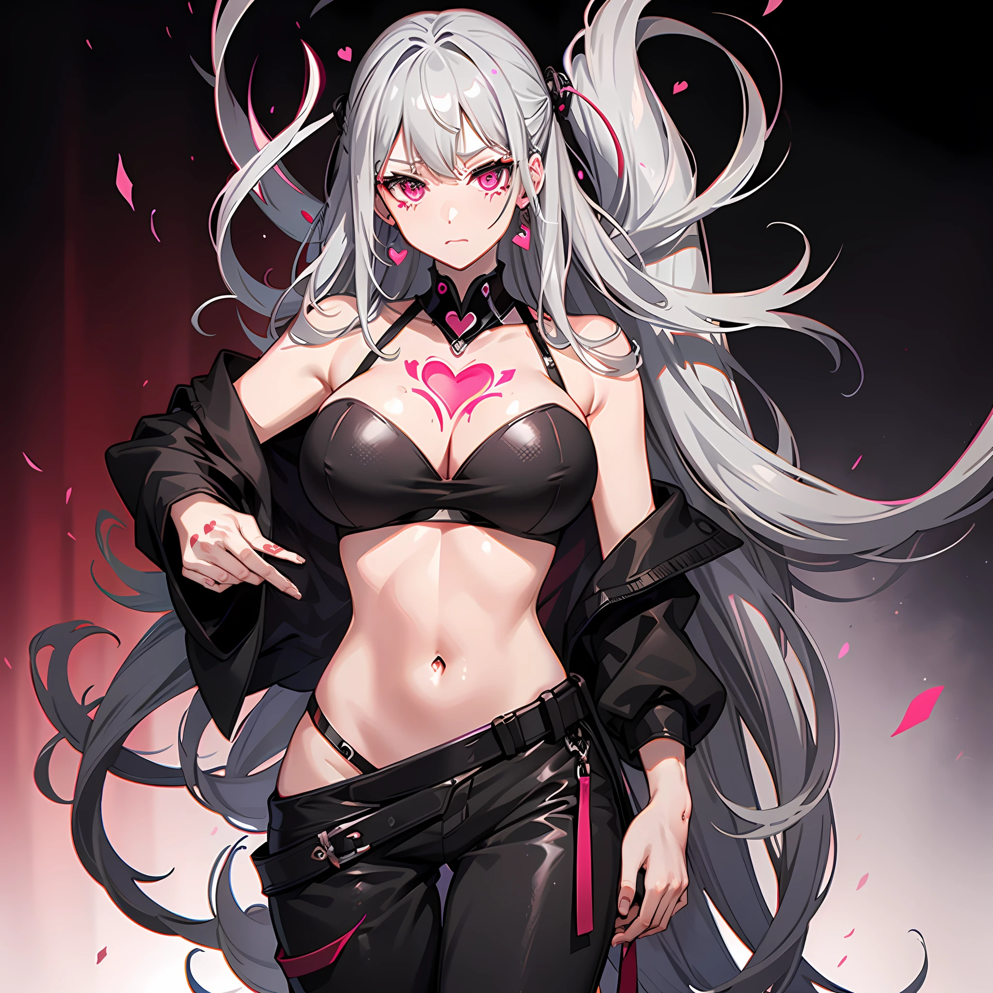 heart tattoo,Battle damage,Belly exposure,Gray hair in humans,Be red in the face,heart shape eye,Huge,Dressed in black silk,Pink eyes,