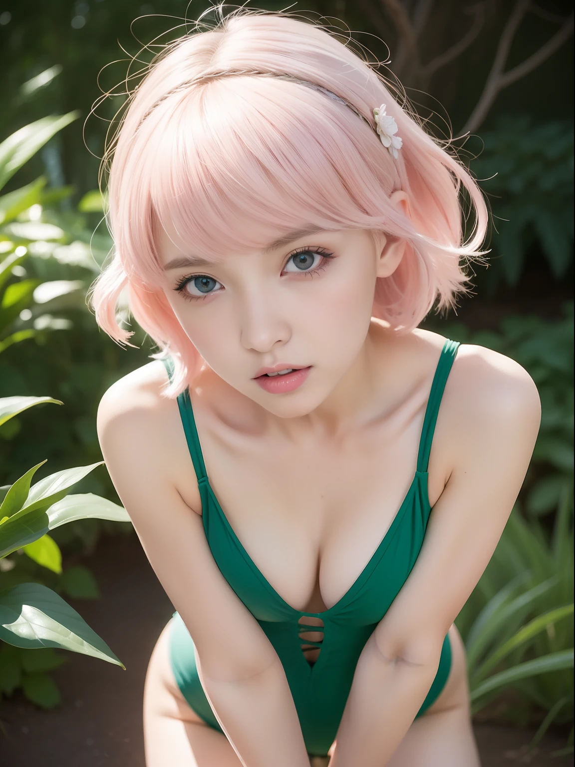 (masterpiece:1.4, best quality), (intricate details), unity 8k wallpaper, ultra detailed, beautiful and aesthetic, (photorealistic:1.4), perfect lighting, (1girl), (very light pink hair, ), green eyes, hair ornament, medium hair, blush, one-piece swimsuit, dynamic pose, dynamic angle, lipstick, slim, slim body, surrounded by flower, sakura, nature, full body, very wild shot, small breast, flat_chest, outdoor, detailed background, realistic, solo, perfect detailed face, naughty face, detailed eyes, highly detailed, thighhighs,
