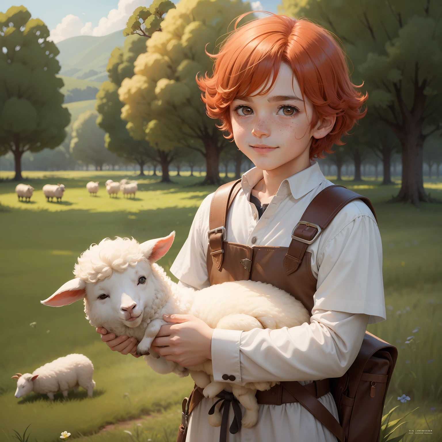 The character I'm going to create to illustrate the book is a red-haired child boy with freckles, and he's a shepherd of sheep. Ele se chama Lucas e mora em uma pequena fazenda no campo. David tem cabelos ruivos cacheados e muitas sardas no rosto, o que o torna muito fofo. He is brave and loves to take care of his little sheep. Always with a staff in his hand and a cheerful expression on his face, Lucas passeia pelos campos verdes, singing lullabies to soothe your little sheep. He's a lovely character who teaches kids about care and responsibility. Desenho estilo aquarela. illustration