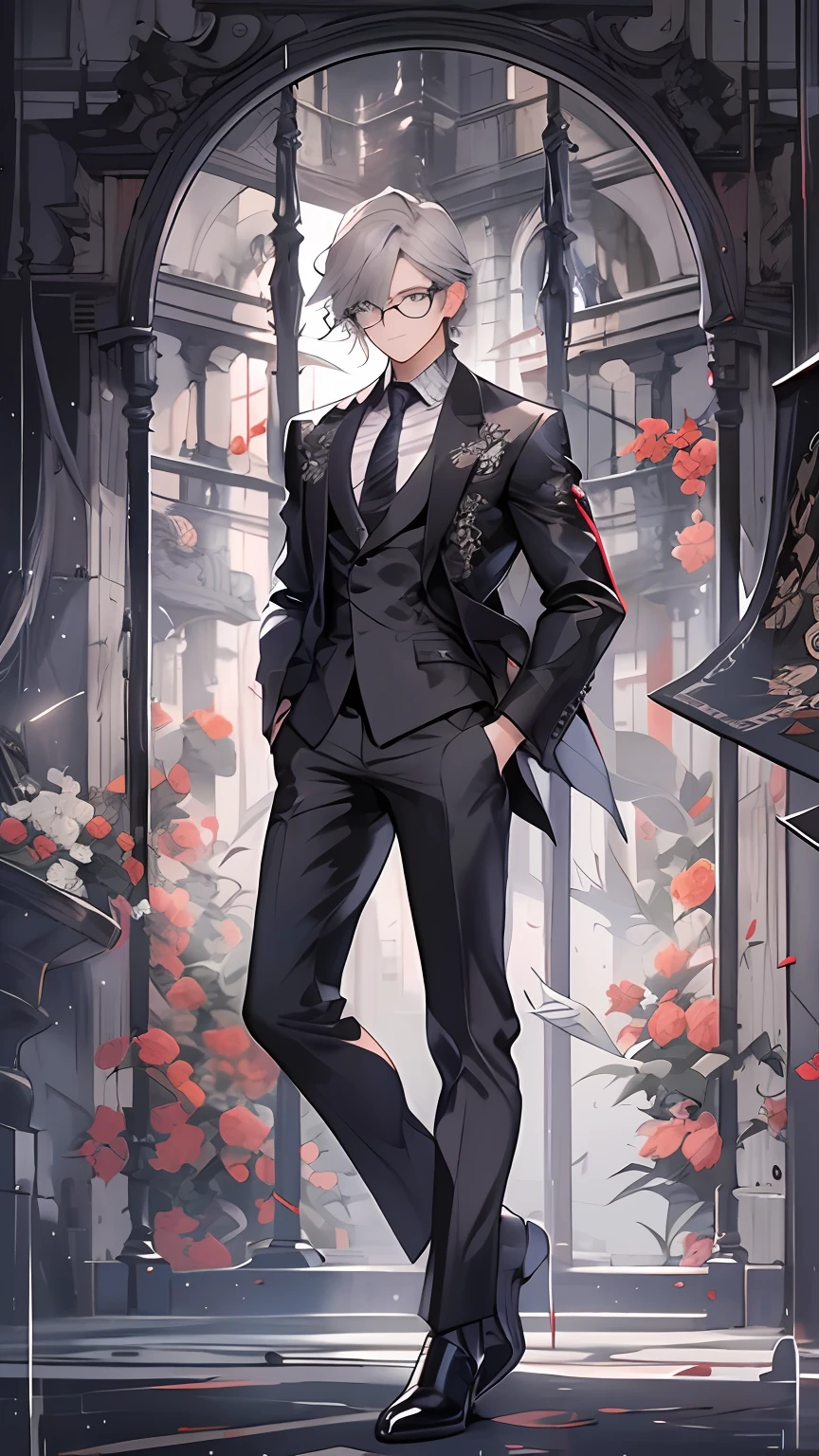 1人，Full body standing painting，hyper-high detail，male，illustration，Wearing a gorgeous black suit，Light gray thick hair，black-frame glasses，Full body photo，Black pantsuit，Black leather shoes，A black blazer is draped over the body，with black background，DIABOLIK LOVERS PAINTING STYLE，Handsome looking anime characters,  official character illustration