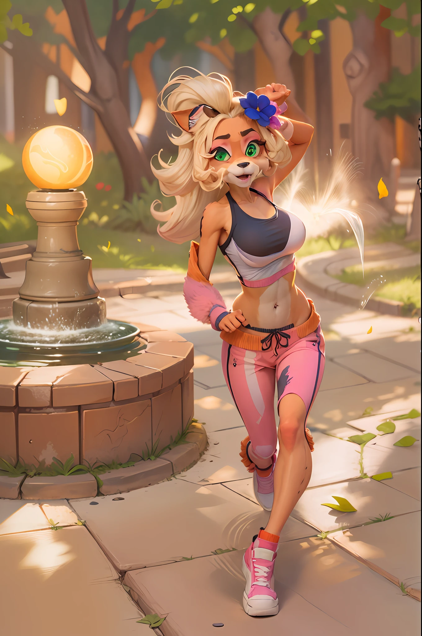 [Coco bandicoot], [Uploaded to e621.net; (Pixelsketcher), (wamudraws)], ((masterpiece)), ((solo portrait)), ((furry; anthro)), ((detailed fur)), ((raytracing)), ((detailed shading)), ((beautiful 3D art)), {anthro; (orange fur, black nose, blonde hair, curly bang, curly ponytail), cute green eyes, (tired; sweating), (white tank top, small boobs, pink jogging shorts), (pink flower in hair)}, (running pose), [background; park; (trees, fountain, sun rays through leaves)]