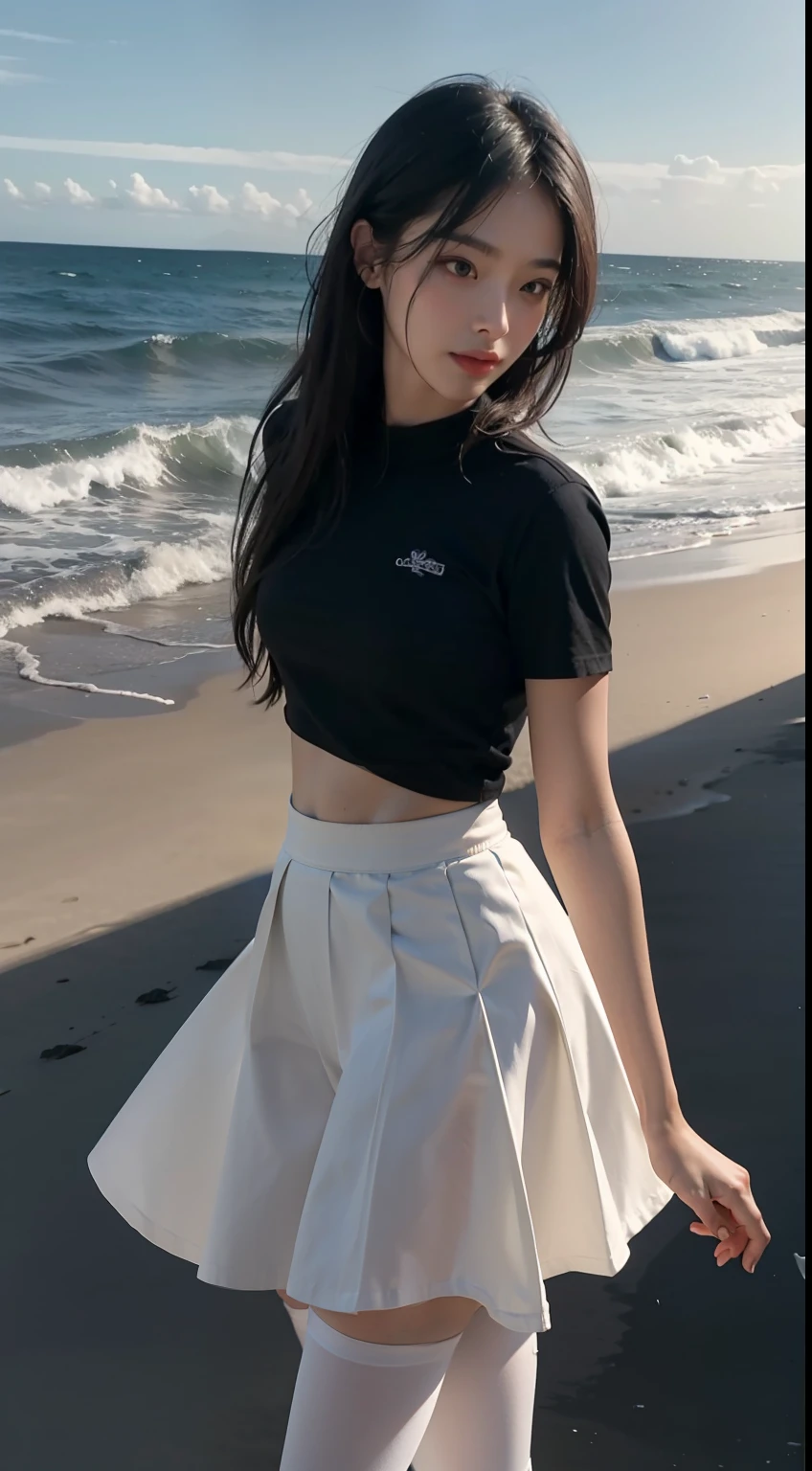 Highest image quality,Outstanding details,超高分辨率,(Fidelity:1.4),The best illustration,Favor the details,Highly cohesive 1girl,He has a delicate and beautiful face,Human real skin texture,Loose T-shirt top,Long skirt skirt,tight-fitting,long whitr hair,The background is by the sea,Legs exposed,black lence stockings,Light and shadow tracking,The body proportions are perfect,sandbeach,Loose clothing,