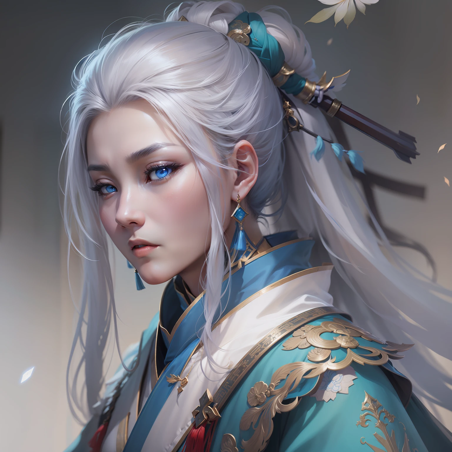a close up of a woman in her 40's, with blue eyes and white hair, a heroine in wuxia style, with blue eyes, martial artist holding a sword, standing in a chinese monastary, new costume concept design, in the style of blade and soul, concept art of a monk, full body character concept, detailed character design, inspired by Yang Jin, inspired by Li Mei-Shu, chinese costume, inspired by Lan Ying, inspired by Sim Sa-Jeong, inspired by Li Tang, lunar themed attire, costume with blue accents, inspired by Ju Lian, colored concept art, highly detailed character design, highly detailed face, inspired by Ai Xuan, very highly detailed face, unreal engine render, final fantasy 14 style, inspired by Leng Mei