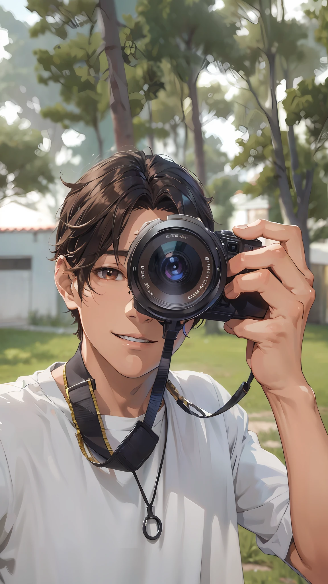 (Highres, ultra detailed, HDR), best quality, a boy, solo, handsome, brown eyes, finely eye and detailed face, real shadow, camera, joyful, 2d, anime, handsome, smile, anime hair, Korean hair, anime background, laugh,