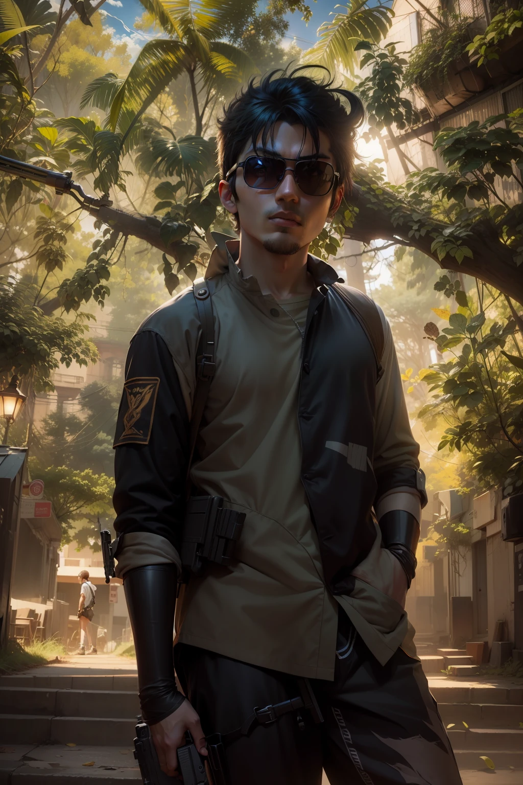Anime look with gun in dark background