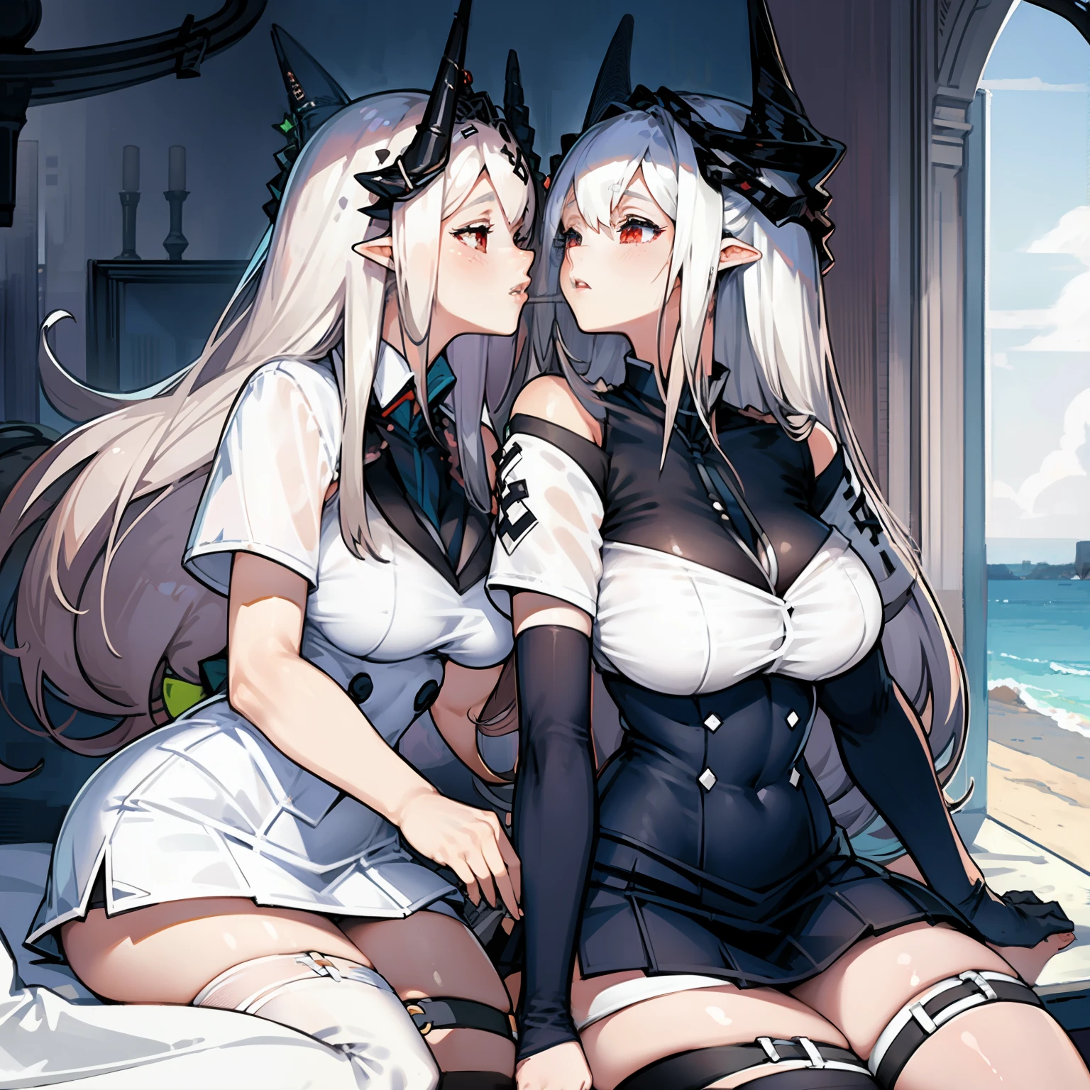 2 girls,Kiss,Schuluniform,touch,big boobs,Minirock,white and black thigh stockings almost transparent,Hintern sichtbar