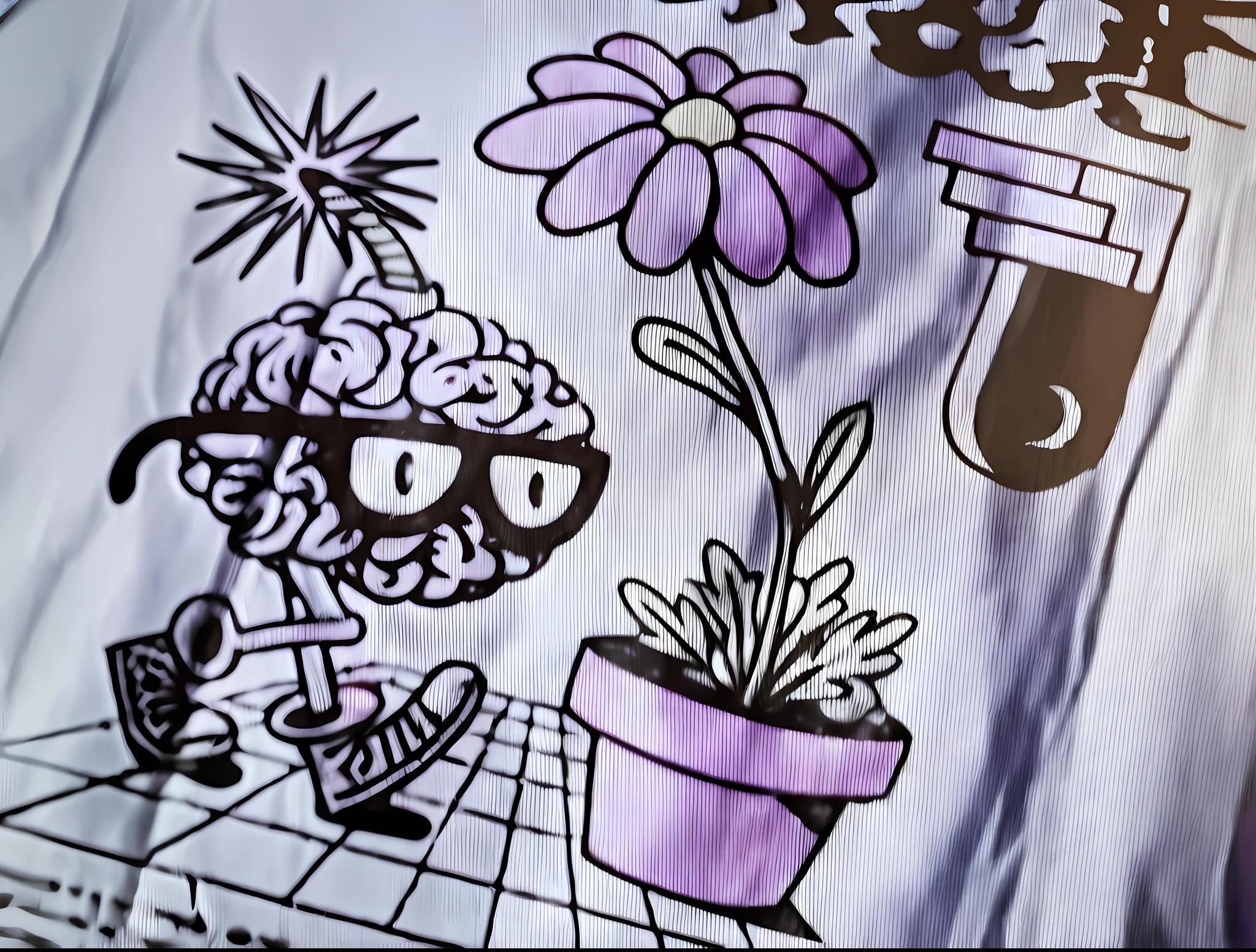 There is a drawing of a brain with feet and glasses, caminhando ao lado de com uma flor em um vaso, vaporwave desenho animado, Florpunk, floralpunk, featuring pink brains, Trippy!!! symbolic, featuring brains, arte da camiseta da serigrafia, Brains, design de tshirt, 🪔 🎨;🌞🌄, toon aesthetic, Design de tatuagem LSD, filme ainda de um desenho animado, Roupas Biopunk