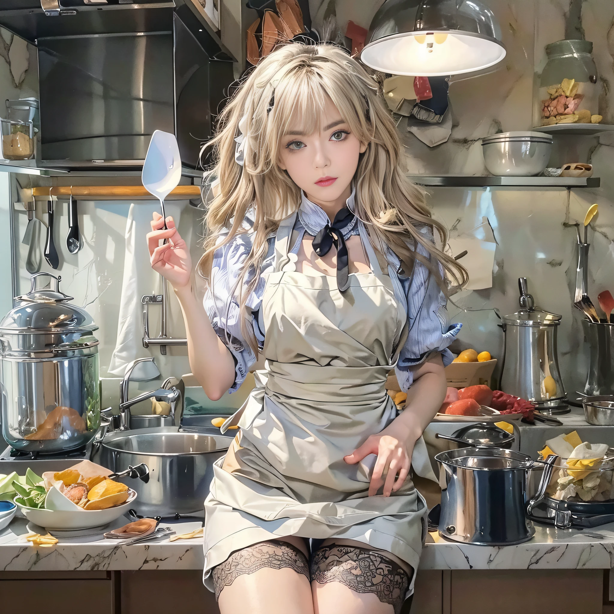 (hyperrealistic), (illustration), (high resolution), (8K), (extremely detailed), (best illustration), (beautiful detailed eyes), (best quality), (super detailed), (masterpiece), (wallpaper), (detailed face), solo, (dynamic pose), 1 girl, white wavy hair in the kitchen, korean, heterochromic eyes, small moles under the eyes, ((apron)), big breasts, long legs, tightens abs, (camel toes), (black stockings), (no panties), (no bra)