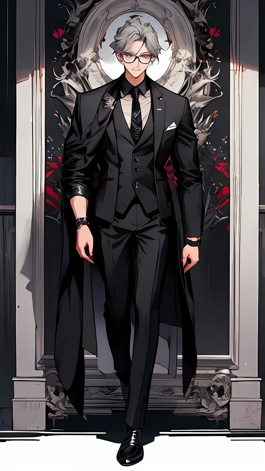 1人，Full body standing painting，hyper-high detail，Gorgeous costumes，Light gray thick hair，Black framed glasses men，Wearing a gorgeous black suit，Black pantsuit，Black leather shoes，A black blazer is draped over the body，Demon lover painting style，Wears a gray vertical striped vest and tie，Handsome anime characters, official character illustration