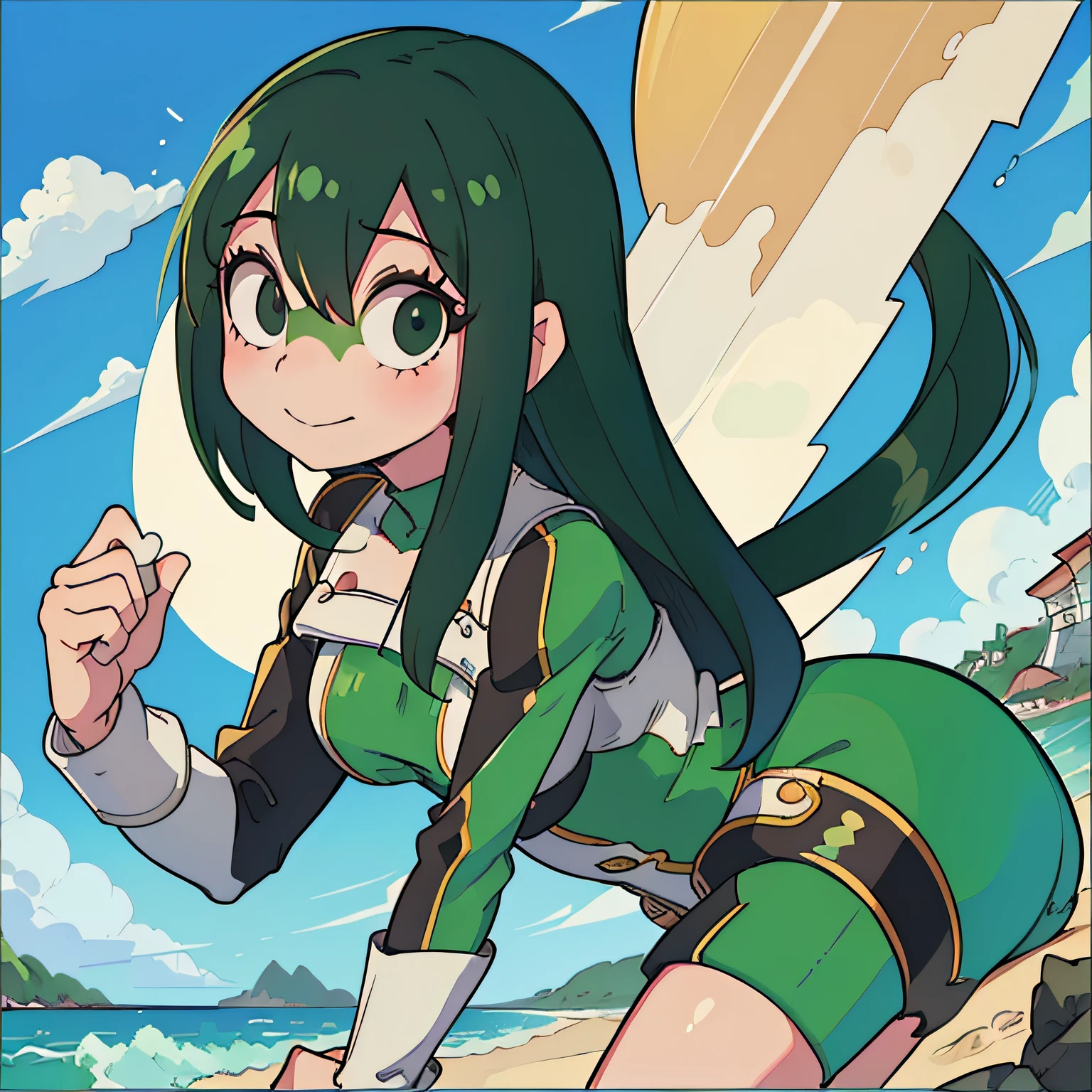 ((Tsuyu Asui)), obra prima, random pose, radom background, Arte minimalista, detalhado, arte minuciosa, sem defeitos, foco no personagem, detailed cenary, corpo proporcionando, rosto bonito, corpo bonito, desenho animado, arte anime, arte perfeito, perfeccionismo, (1girl), (solo), (((max quality))), (mulher adulta), ((((praia))))