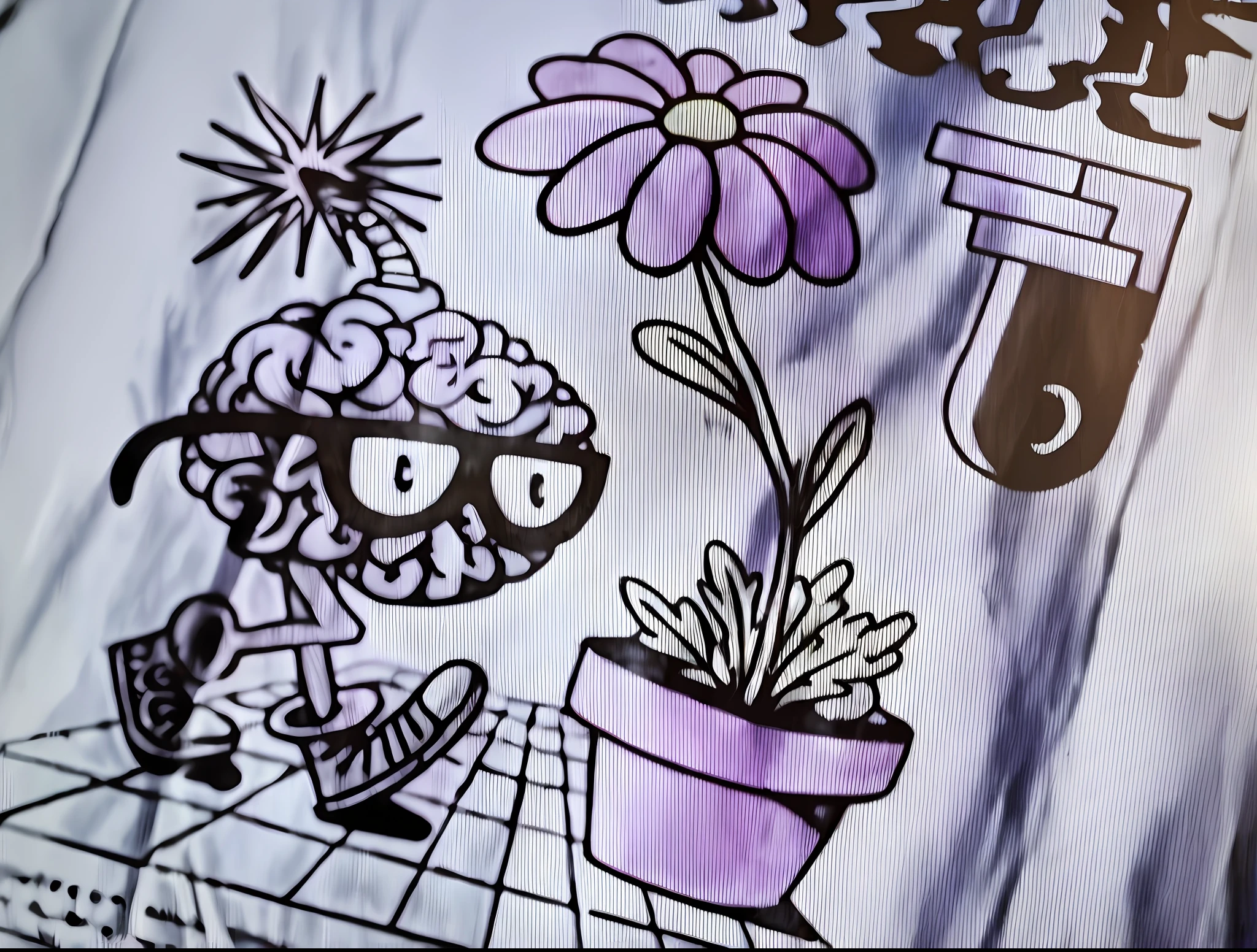 There is a drawing of a brain with feet and glasses, caminhando ao lado de com uma flor em um vaso, vaporwave desenho animado, Florpunk, floralpunk, featuring pink brains, Trippy!!! symbolic, featuring brains, arte da camiseta da serigrafia, Brains, design de tshirt, 🪔 🎨;🌞🌄, toon aesthetic, Design de tatuagem LSD, filme ainda de um desenho animado, Roupas Biopunk
