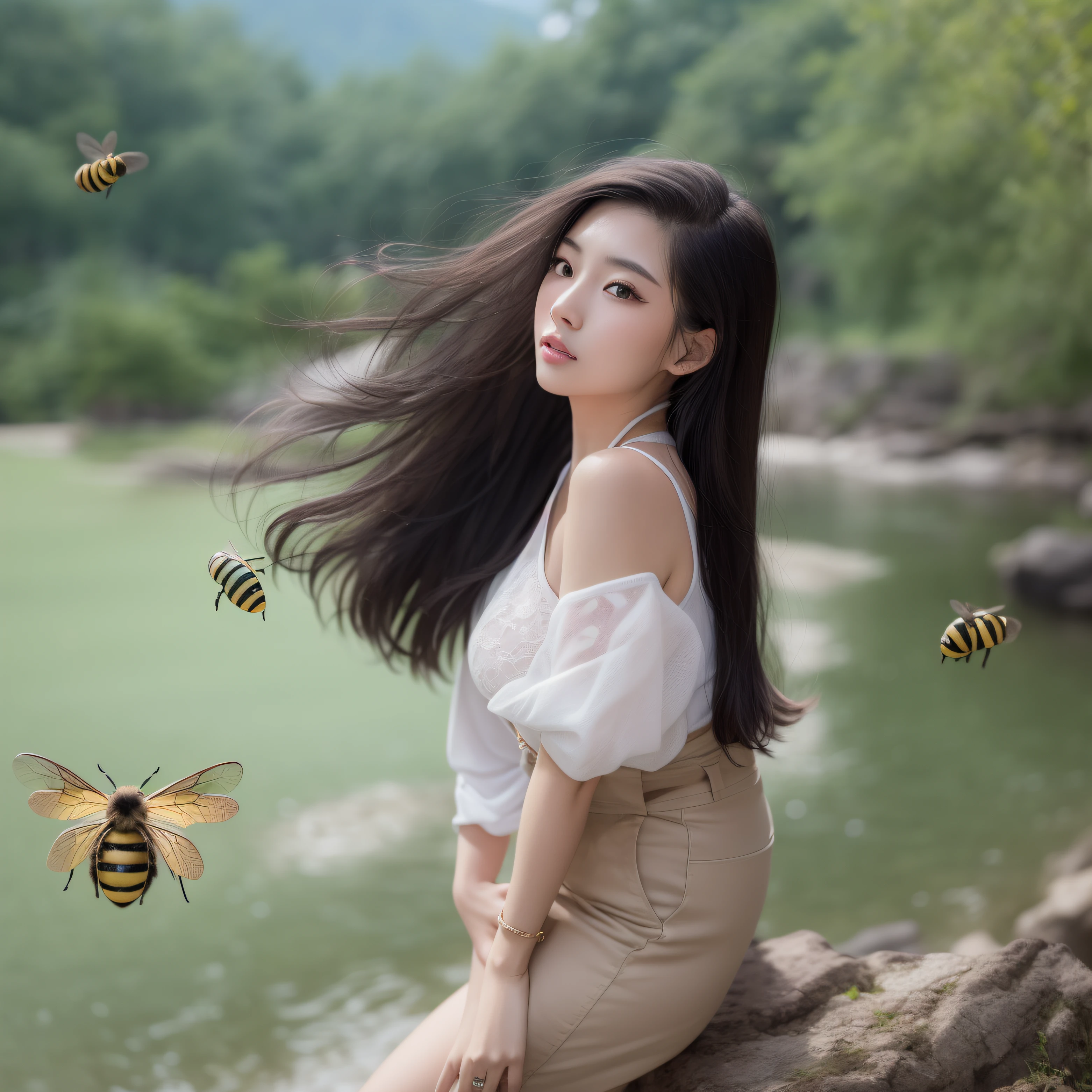 RAW photo, {best qualityer}, {{Masterpiece 8k}}, {Extremely Delicately Beautiful},Looks like Li Yitong,Excellent light and shadow,10 a.m,1girl,Height 170 cm,Blushlush,Medium-hair long,Black denim shorts,brassier,Exquisite Hair,Authentic skin texture,Firm moderately large breasts,Covers only the areola,Clear pores and skin wrinkles, Full body like,Perfectly proportioned body,Double eyelid fitness expert,Chinese, (perfect female shape), a mature female, Bee waist,Thin leg,photorealestic,By the creek