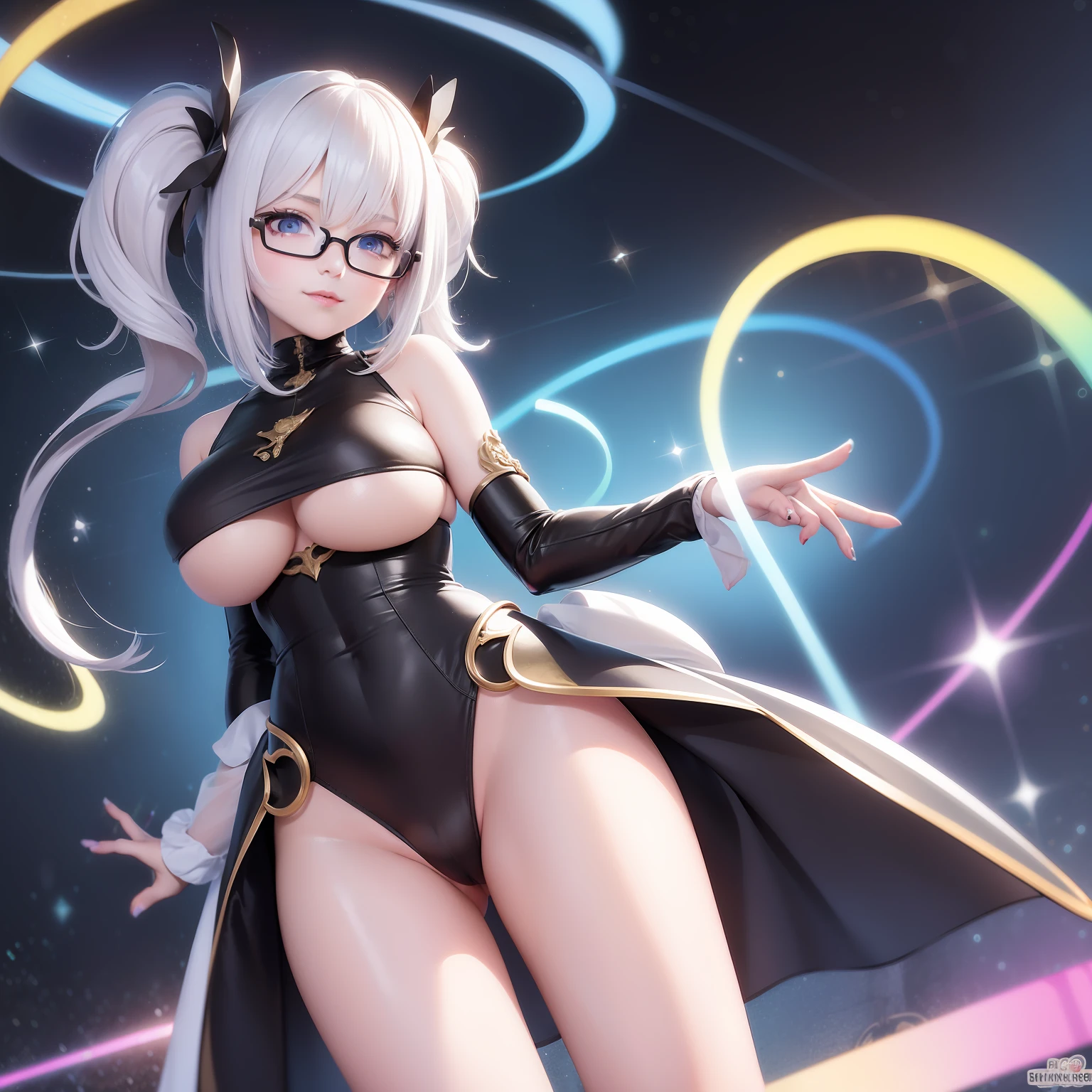 View from directly below, Raise one leg, sole, High image, Super Detail, High resolution, Anime, Manga, Illustration, Fantasy, super intelligent beauty, Amorous expression, Mysterious, Embarrassed look, Seductive look, Laugh mischievously, Happy, Shy, messy white hair, Sparkling blue eyes, Pink lips, Black glasses, Huge breasts, under the boobs, great proportion, perfectly proportions, slender, Full body, Flared Mini Skirt, roll up the skirt, Northern Renaissance style in the background, Fantasy, Galaxy, Magic Circle, Kaleidoscope, rainbow and gold neon light many lines, cyberpunked
