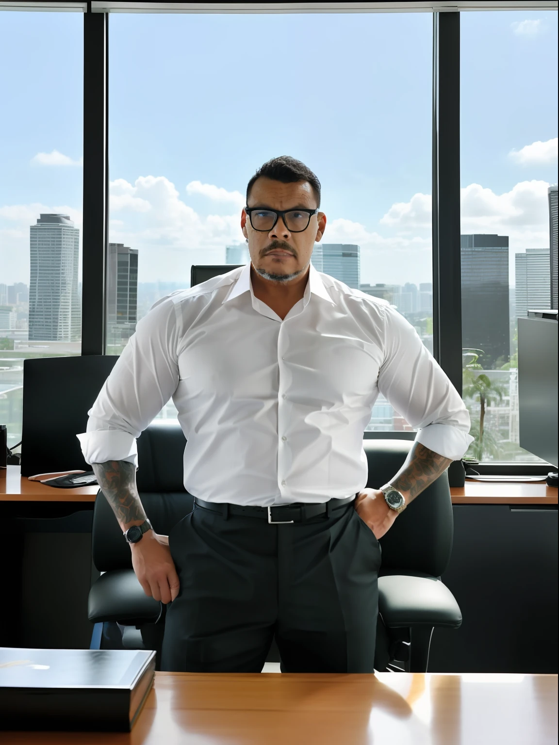 guttonerdjul23, a handsome man sitting in the office,crew cut,business suit,Windows,Cityscape,corpo inteiro,macho maduro,[plump],[Chris Redfield],