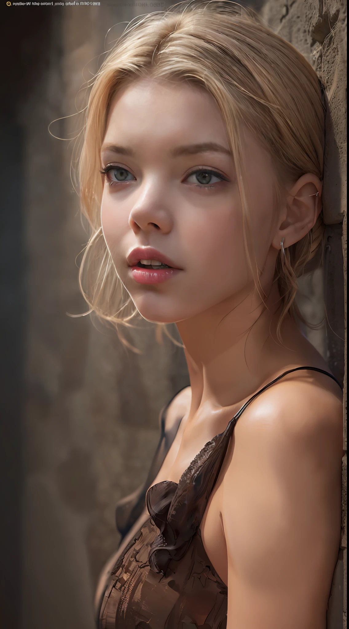 ((full body)), obra-prima, Ultra High Definition, maximum resolution, 8k, Anya Taylor-Joy, (blonde), (14 anos de idade), extremamente bonita, (Identical), (sozinha), (muito magra), quadris arredondados, quadris largos, coxas grossas, (bunda grande), (Rosto extremamente detalhado), olhos muito detalhados, delicate strokes, usando micro vestido, natural lightting, sorriso muito malicioso , (side view), sexy, (super quente), (perfect nipples), (very small tits), (nude), natural beauty, in a dirty dungeon,
