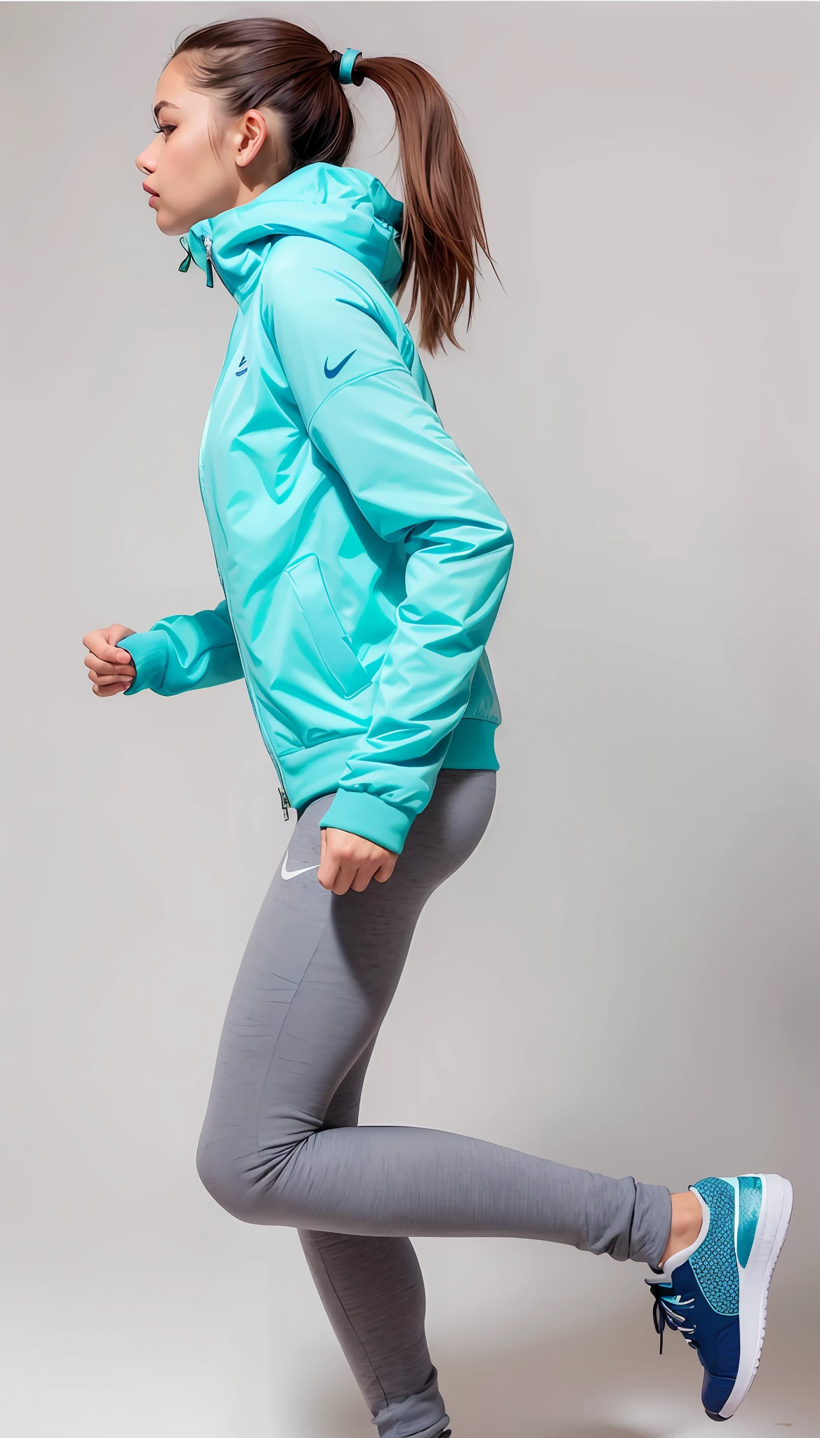 a woman in a blue jacket and running gray pants, jaqueta bomber colorida verde, roupas esportivas, roupas esportivas, with teal clothes, usando equipamento de fitness, roupas esportivas fofas, jaqueta esportiva, fotografia de roupas, usando um capuz azul neon, vestindo terno de atletismo - roupas verdes e brancas, posou no perfil, olhando de lado!, wearing jacket, jaqueta curta, uniforme de teal