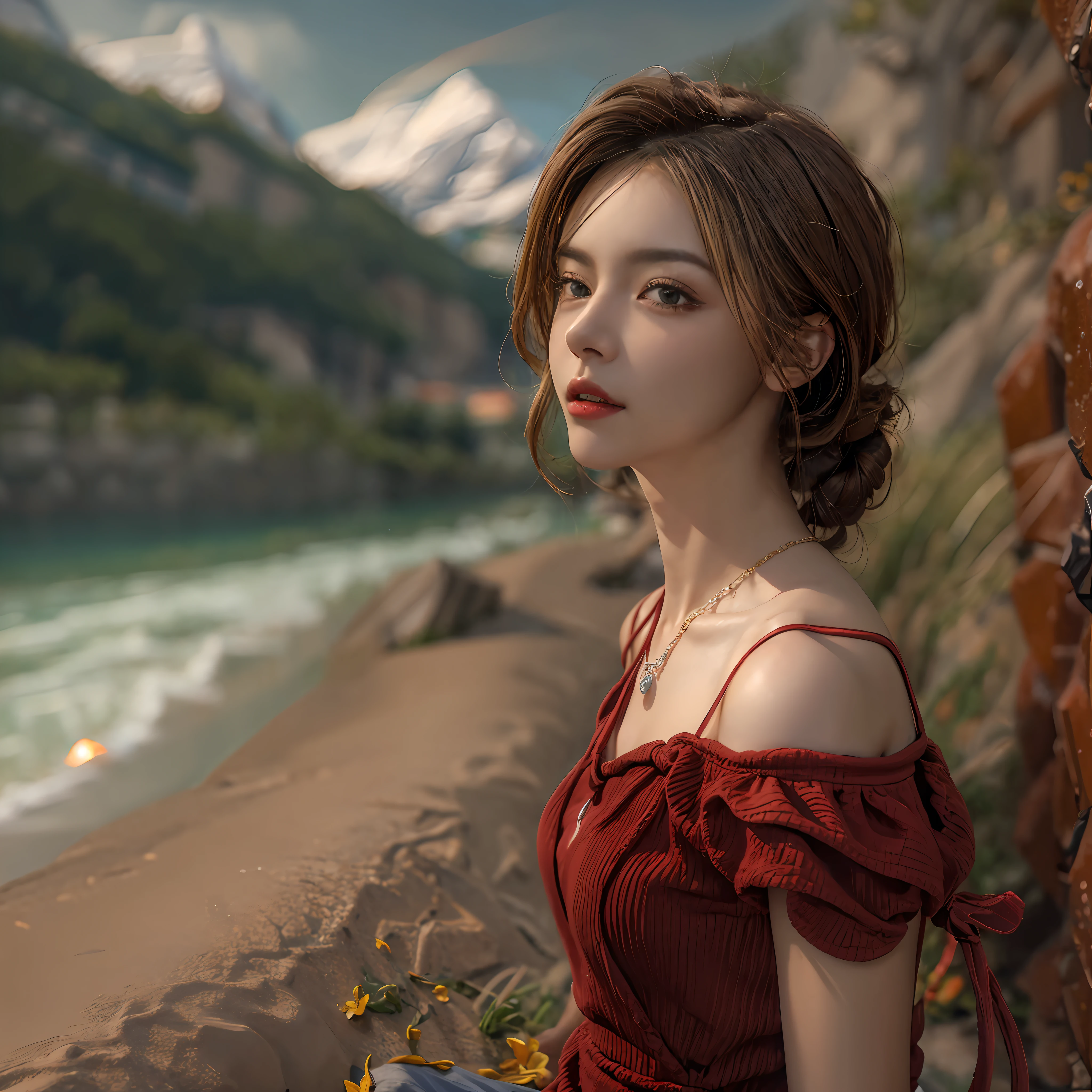 masterpiece,ultra realistic,32k,extremely detailed CG unity 8k wallpaper, best quality,
The Swiss Alps, Switzerland, ( Dark red A-line dress ) ,((spring day )), Beachy waves with a side part ,eardrop,lady ,necklace,
