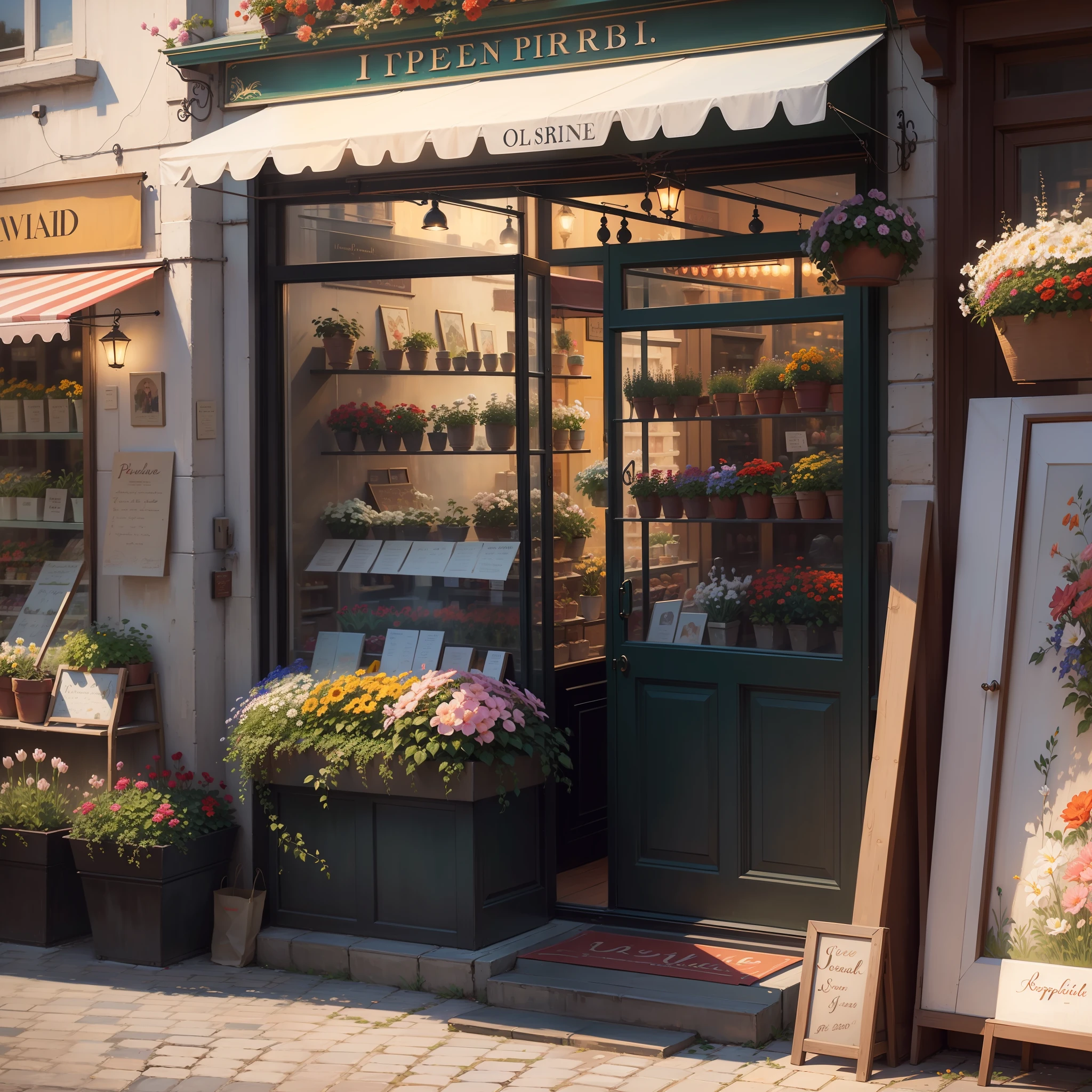 Hyperrealism detailed, there is a beautiful woman with green eyes, fullbody, in front of a flower shop with a red awning and flowers, flower shop scene, french impressionism, by Pierre Toutain-Dorbec, inspired by Robert Antoine Pinchon, by Pierre Roy, impressionistic painting, professional oil painting, impressionist oil painting, by William Didier-Pouget, by Vincent Pepi, inspired by Antoine Blanchard