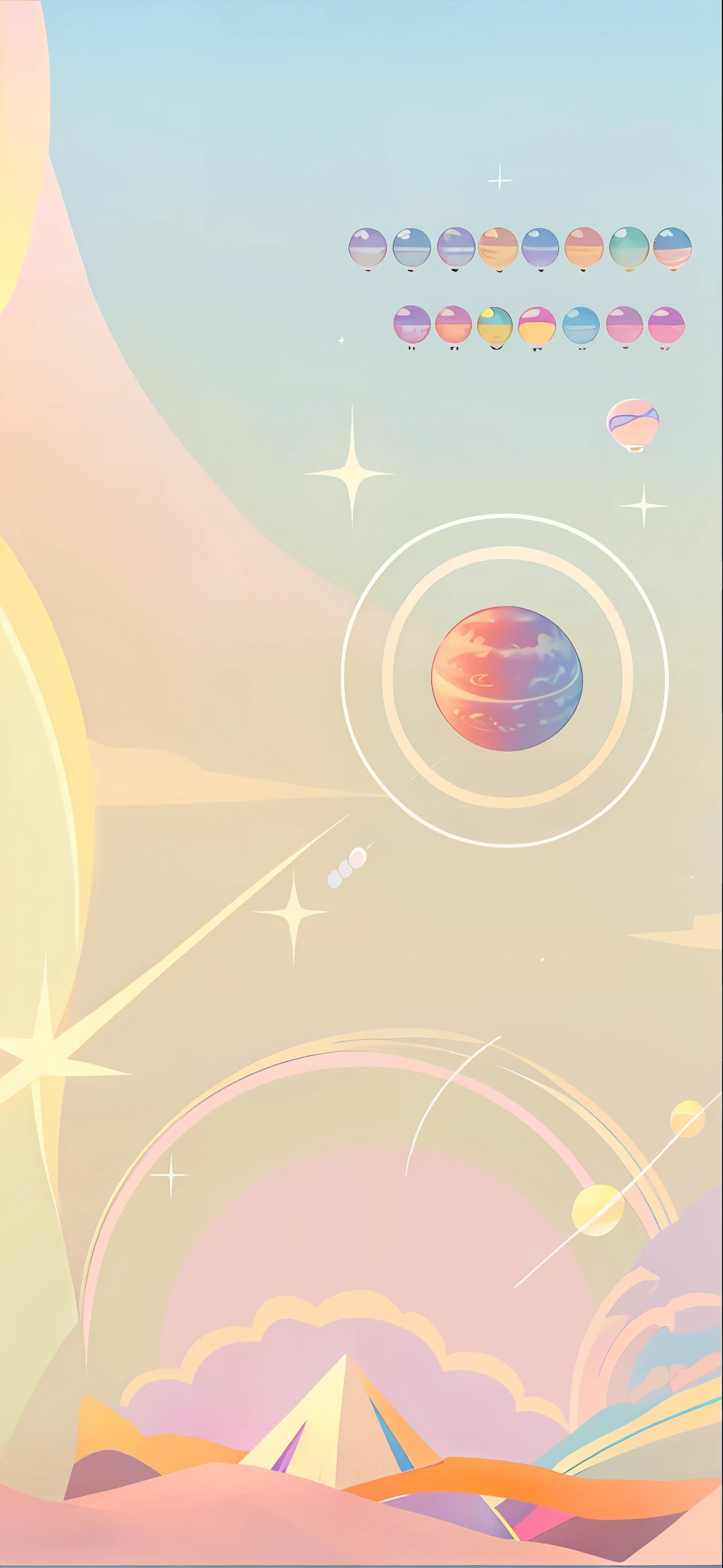 There is a cartoon picture of a hot air balloon flying over the desert, planet with rings, astral background, planets in the background, planets and stars, floating planets, floating beside planets, Colorful galactic theme colors, earth and pastel colors, planets behind, space backround, background artwork, planets on the background, colorful flat surreal ethereal, universe background, Ethereal background