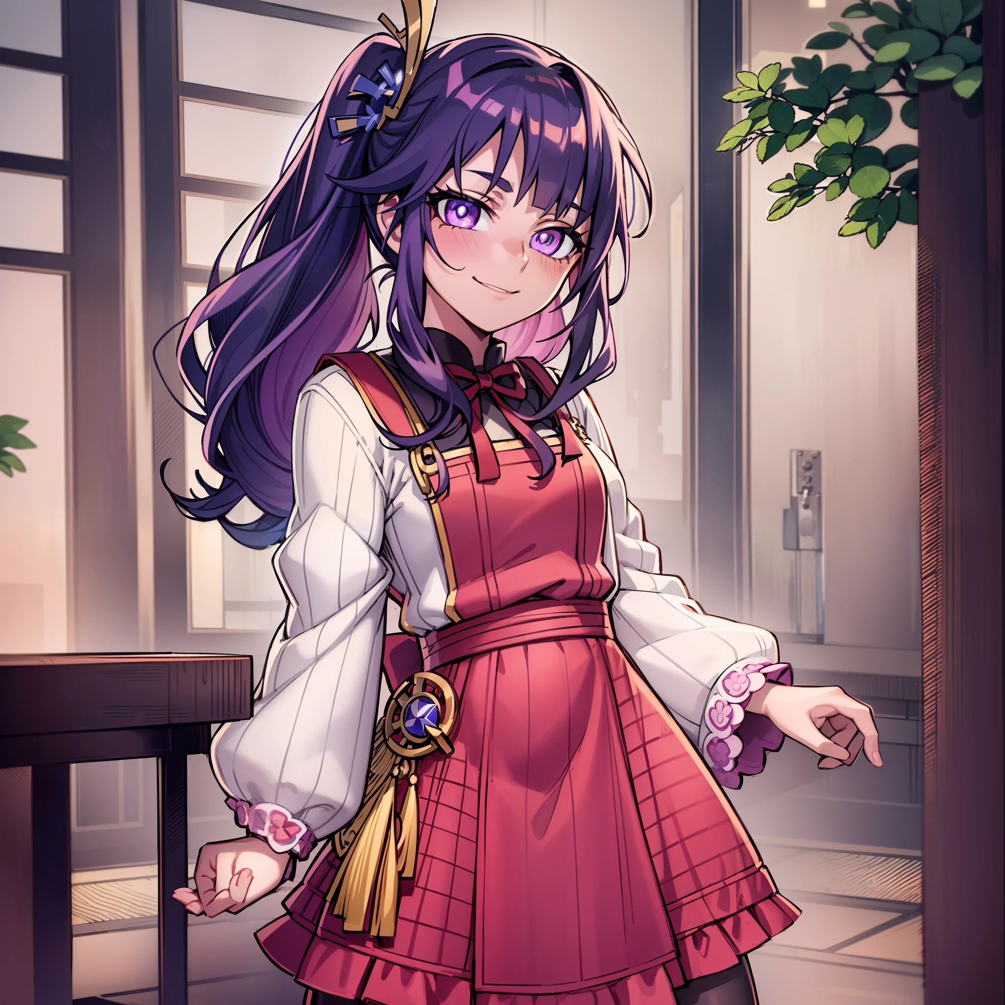 (child body:1.3), Raiden Shogun \(genshin impact\), looking at viewer, purple hair, pink pupils, (masterpiece, best quality:1.2), (solo), (1girl), best quality, (photorealistic:1.4),ultra detailed, solo, (full body:1.5), standing, love in eyes, double ponytail, blushing, cute, smile, dress, china outfit, apron outfit, long sleeves, miniskirt