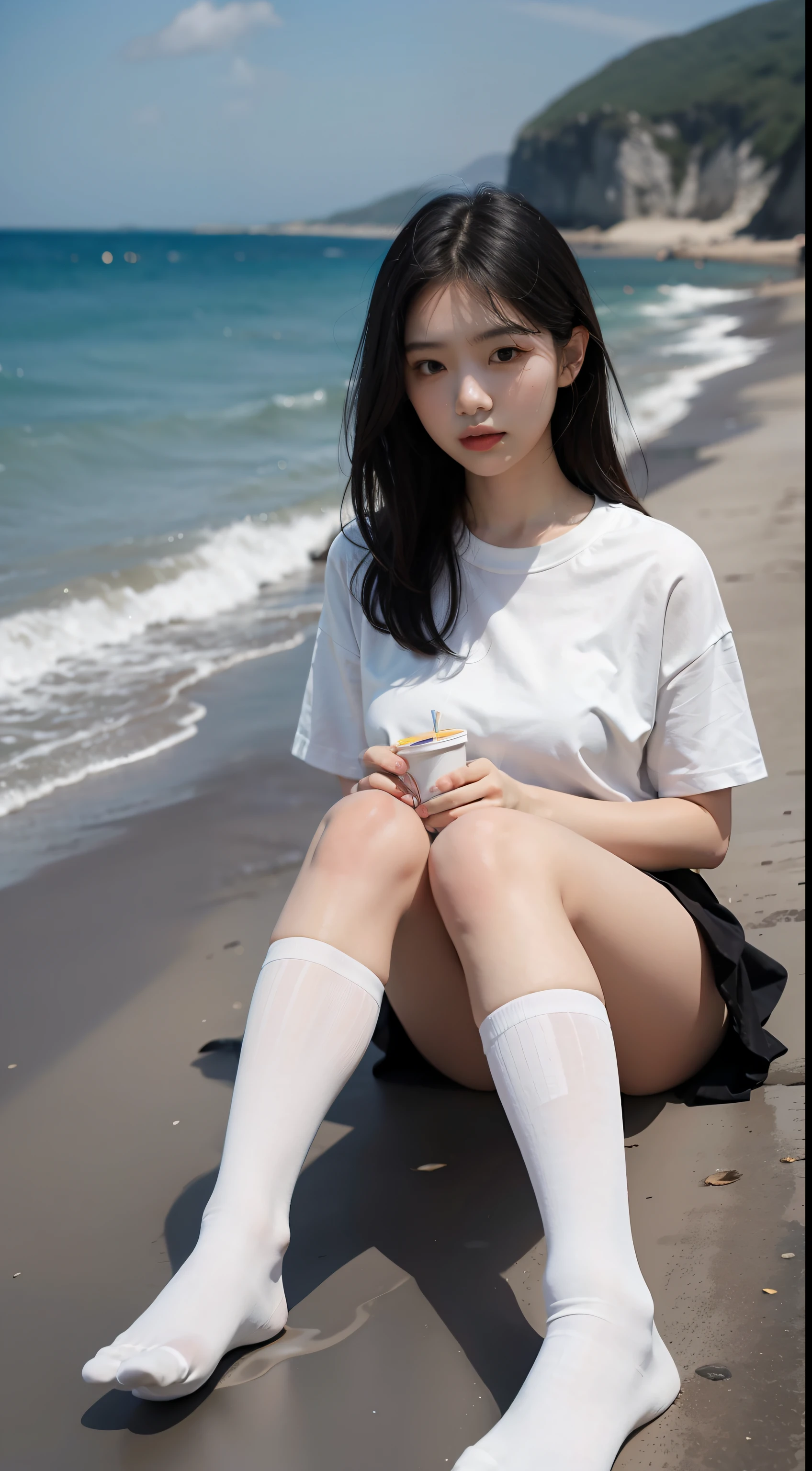 Highest image quality,Outstanding details,超高分辨率,(Fidelity:1.4),The best illustration,Favor the details,Highly cohesive 1girl,He has a delicate and beautiful face,Human real skin texture,Wear a loose T-shirt,long whitr hair,Hold the water cup,The background is by the sea,Legs exposed,Wear white calf socks on your legs,black lence stockings,Light and shadow tracking,The body proportions are perfect,sandbeach
