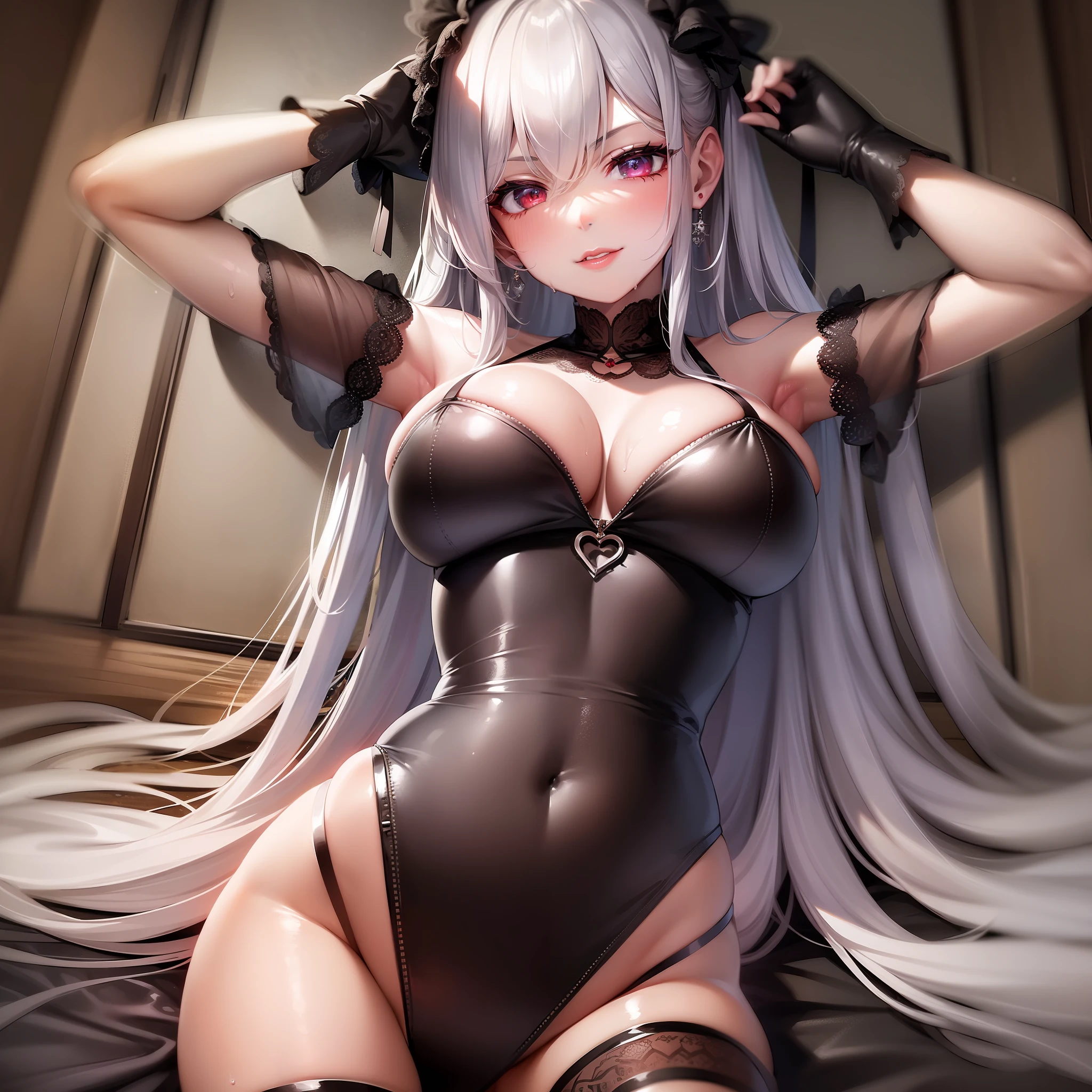 1girl, nighttime, bedroom,close lip, smirk look, serious ruby eyes, long silver hair, red lipstick, glossy wet and oily skin, black undergarments, large soft breast
