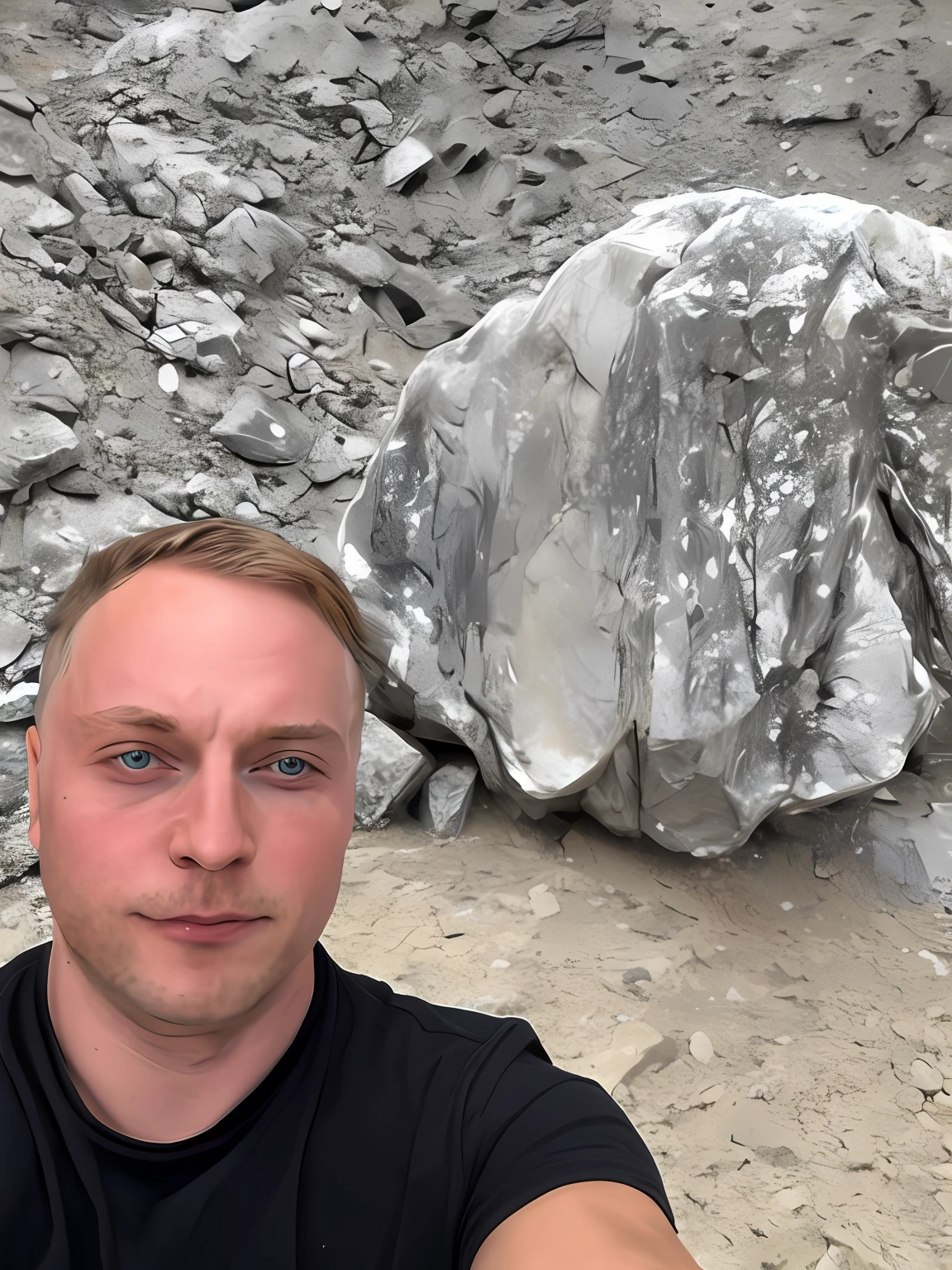 Ein Staubbedeckter Mann macht ein Selfie vor einem Felsen. Muskelbepackt mit langen blonden Haaren und einem langen Ohrring. Im Hintergrund befindet sich verstaubtes Gestein. 8k Selfie-Foto. Gips.